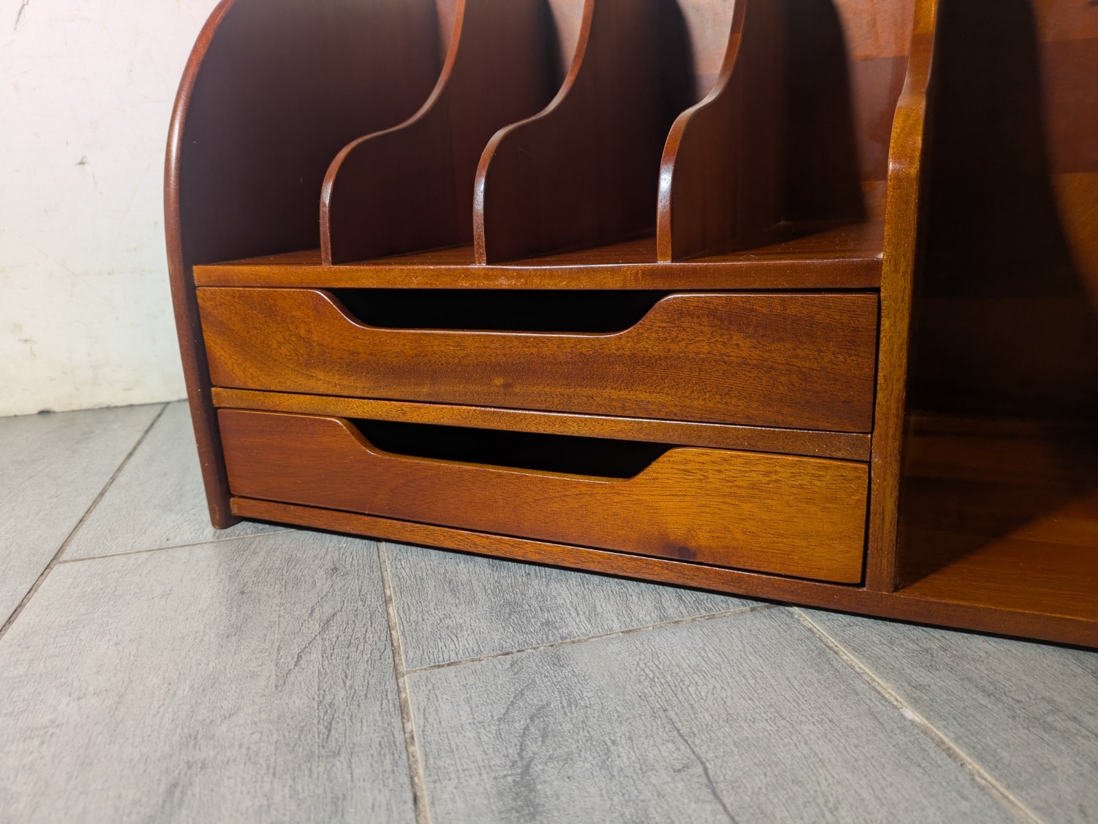 Vintage Mid Century Danish Modern Mahogany Wood Desk Organizer Mail Sorter H66