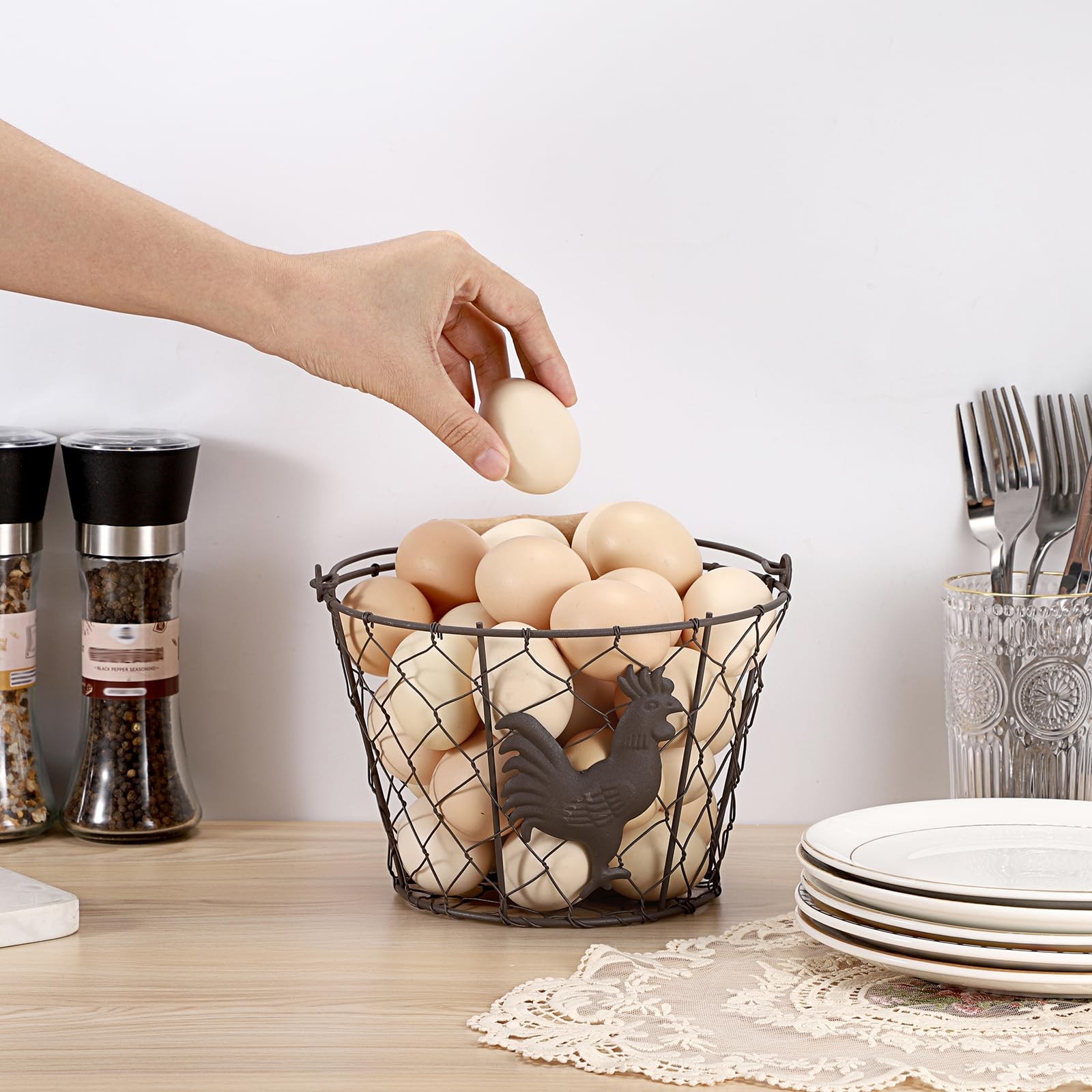 3 PCS 8’’ Farmhouse Egg Collecting Basket with Wood Handle, Rustic Metal Wire…