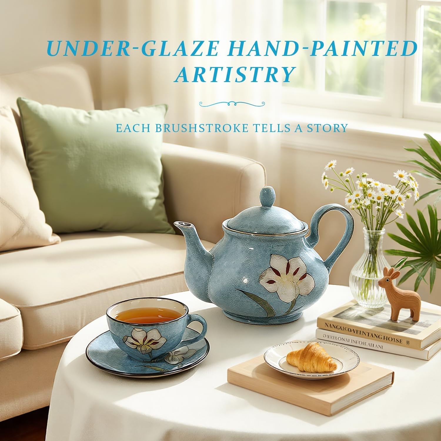 Ceramic Teapot 30 oz, Under-Glaze Hand-Painted Porcelain Tea Pot for Blooming