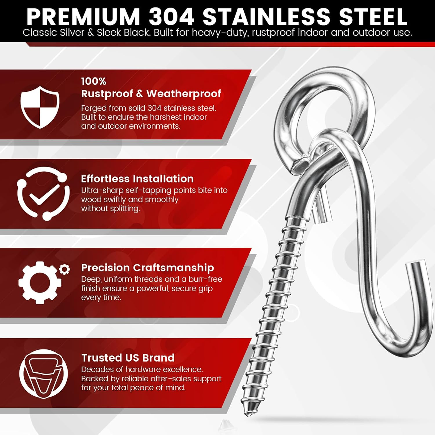 300LBS Heavy Duty 3.2 Inch 304 Stainless Steel Screw Eye Hooks with 5 S-Hooks, S