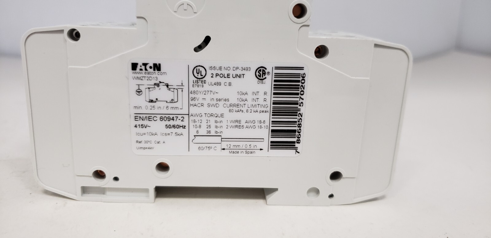 EATON WMZT2D13 (FAZ-D13-2-NA) CIRCUIT BREAKER, 2P 13A 480Y/277V 10kA TYPE D NIB