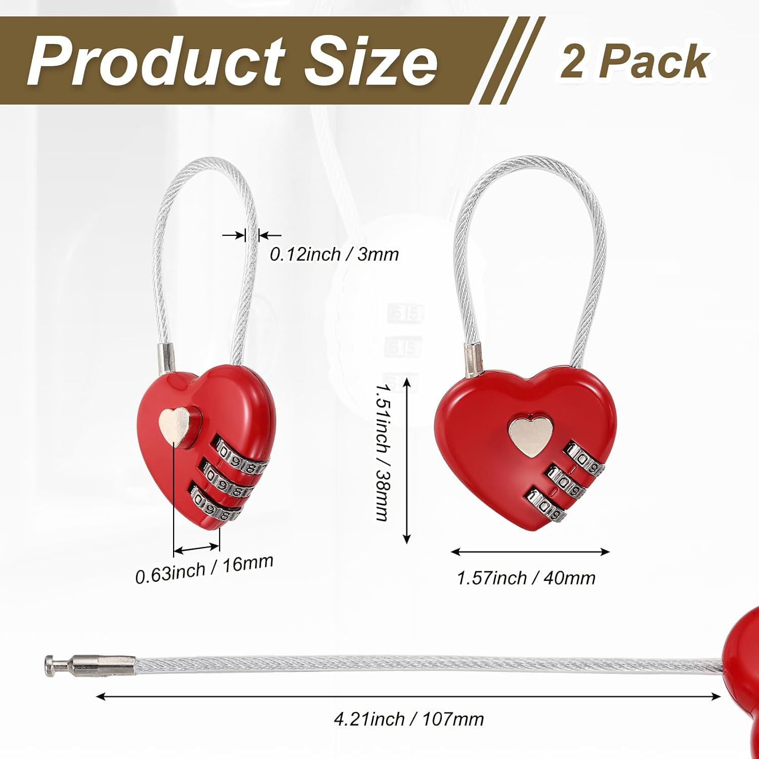 2-Pack Combo Padlock Heart 3-Digit Password, Red | Zinc Alloy Cable