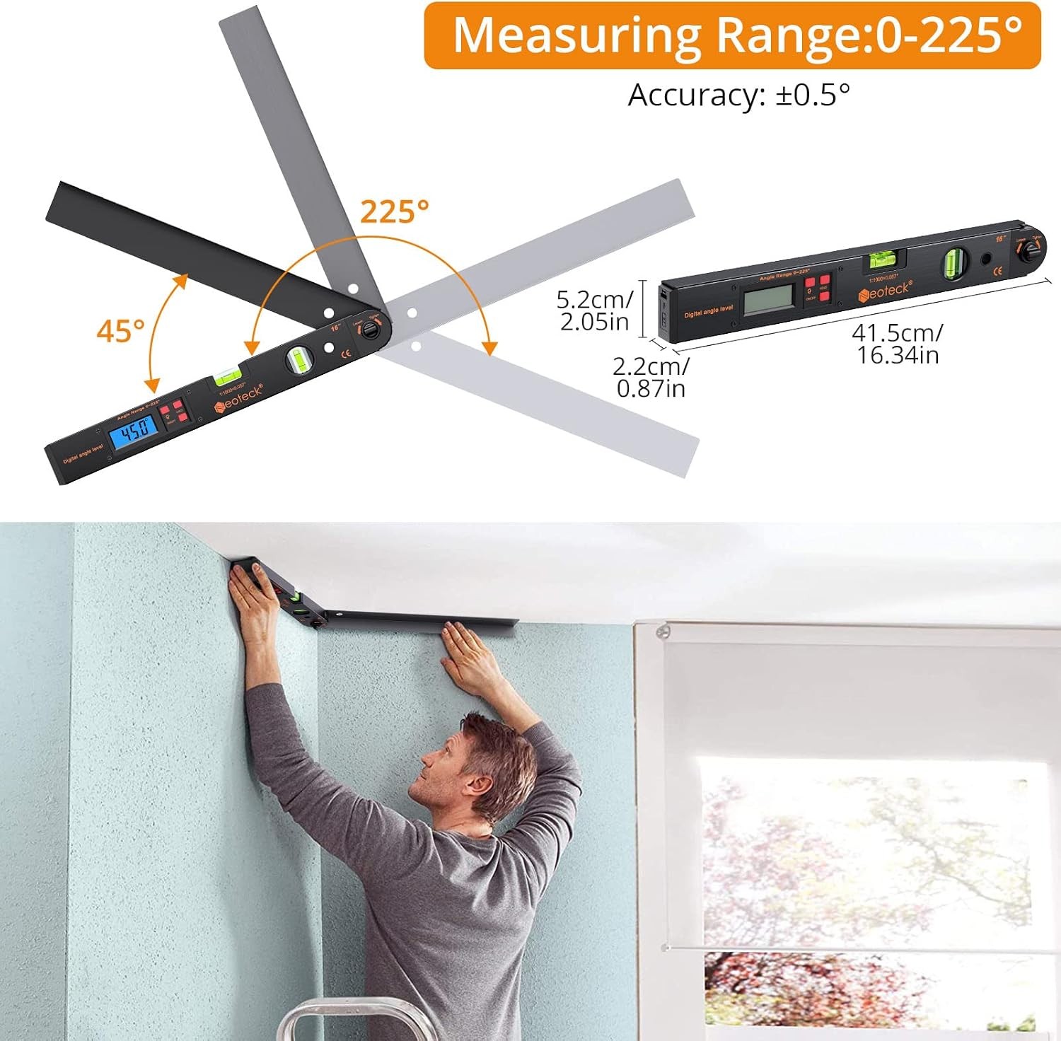 Aluminum Digital Angle Finder Protractor 225° 16 Inch Backlit LCD Digital with H