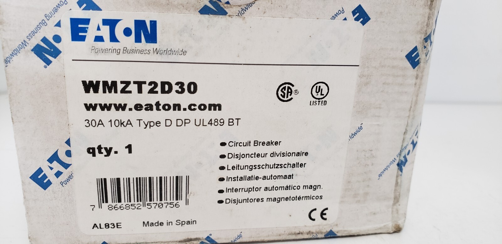 EATON WMZT2D30 (FAZ-D30-2-NA) CIRCUIT BREAKER, 2P 30A 10kA 480Y/277V TYPE D, NIB