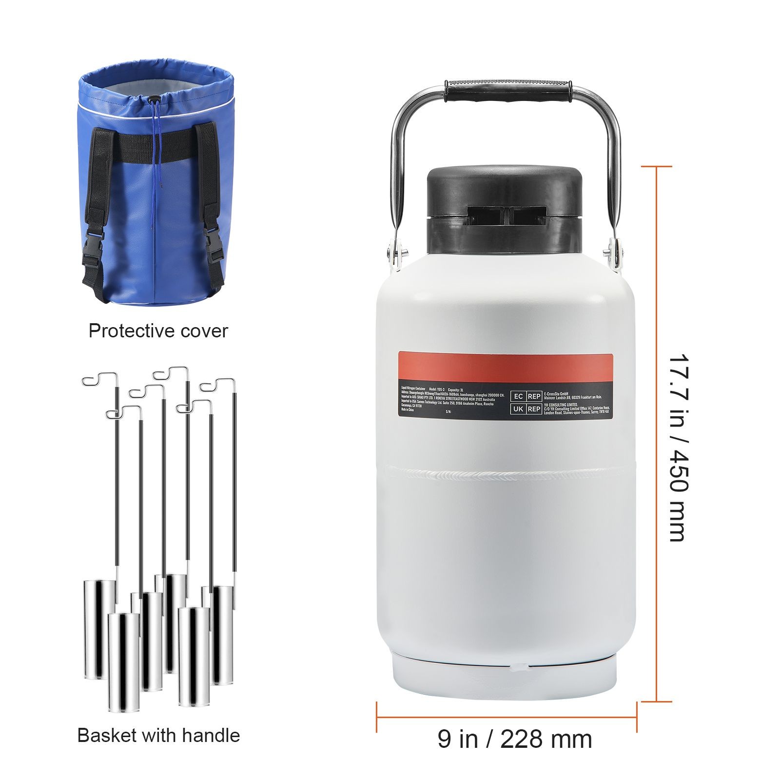 3L Aluminum LN2 Tank with 6 Canisters & Carry Bag