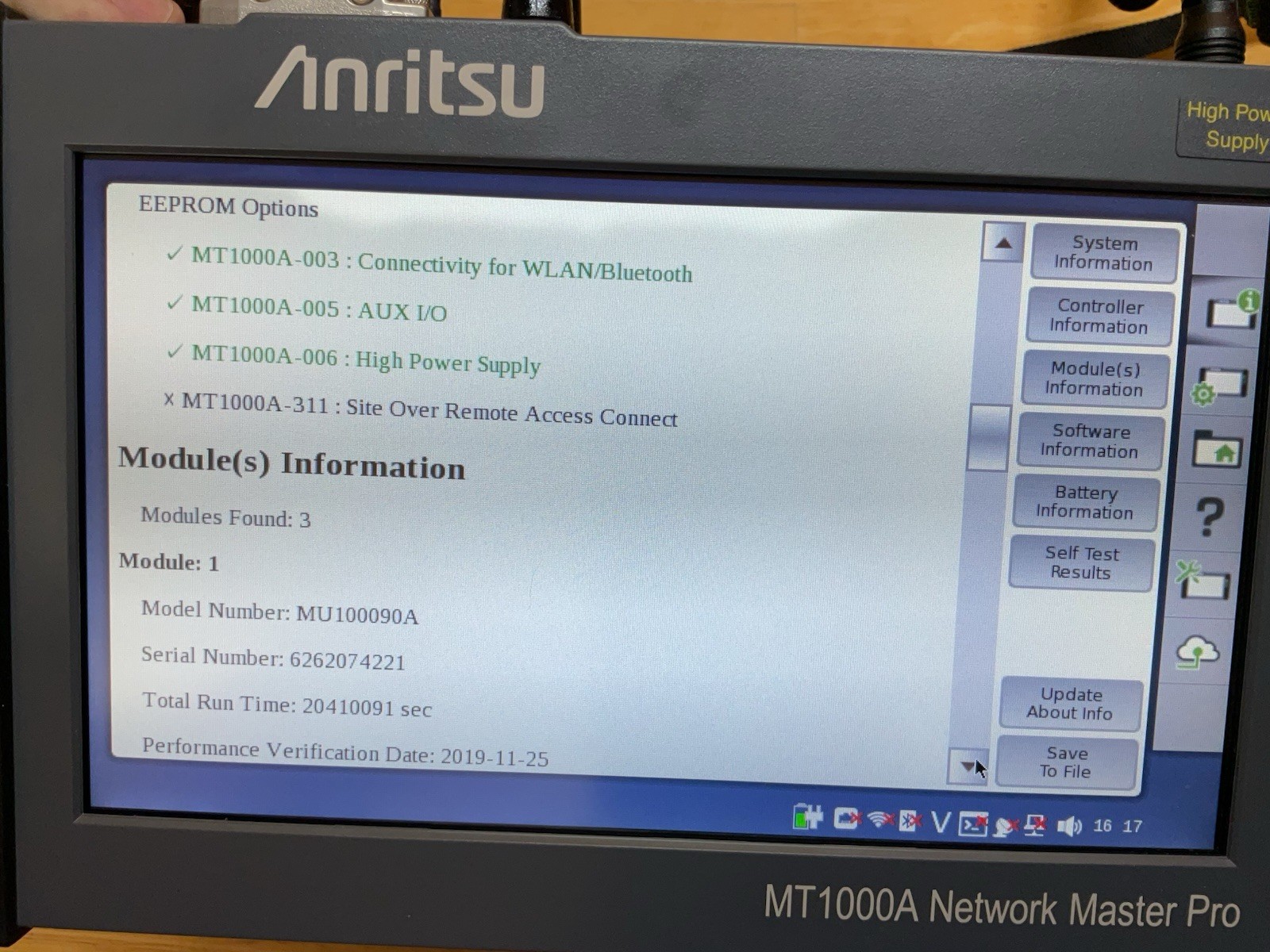 Anritsu MT1000A Network Master Pro; MU100090A, MU100021A, MU100011A Modules