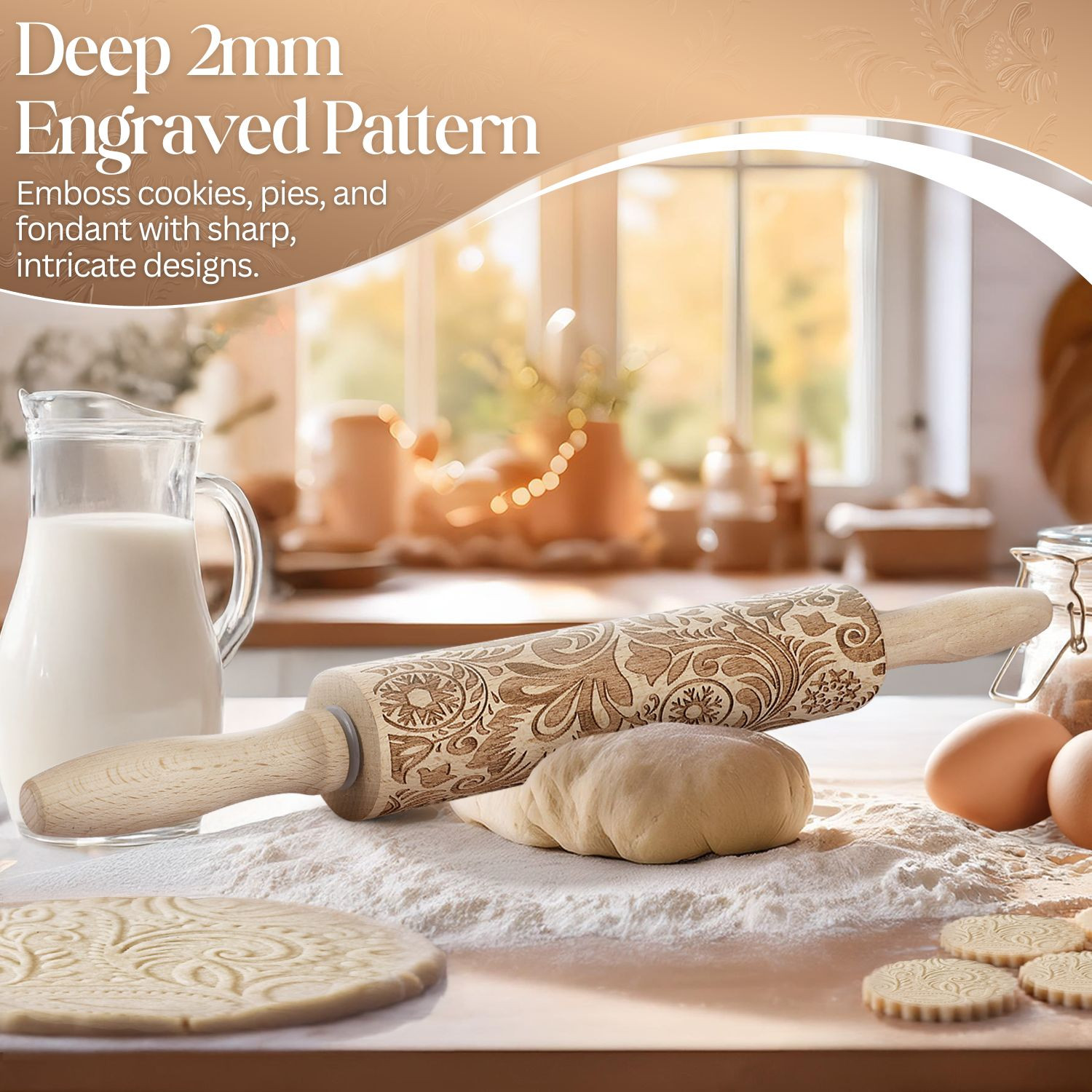 Embossed Rolling Pins With Patterns for Baking, 7.7-inch Engraved Wooden Rolling