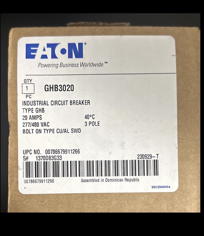 Eaton GHB3020 20A 3-Pole 277/480VAC Industrial Bolt-On Circuit Breaker
