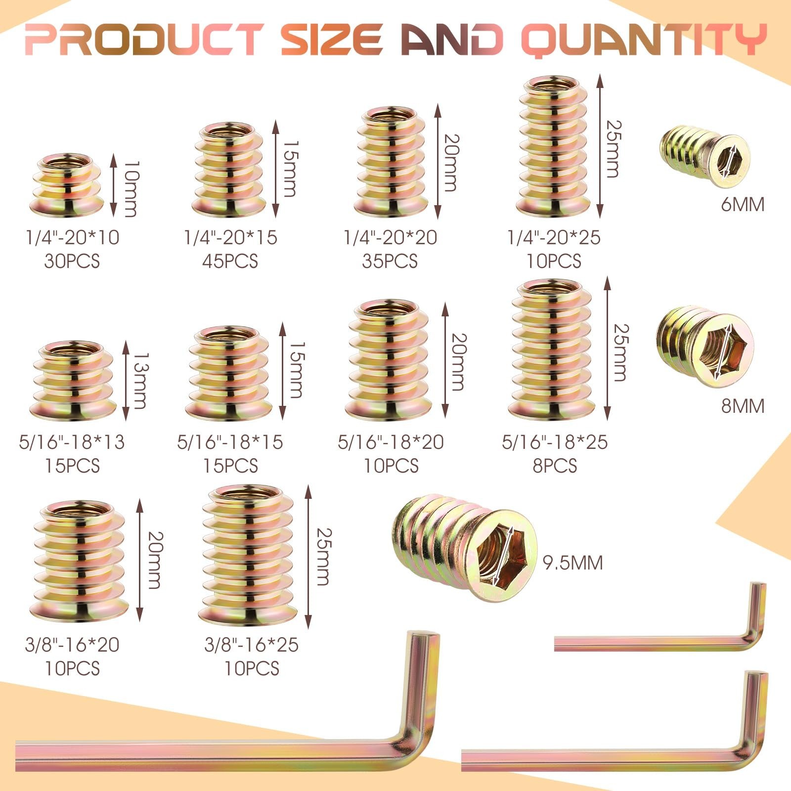 191 Pcs Wood Threaded Inserts Set with Hex Wrench – 10 Sizes, Durable & Versatil