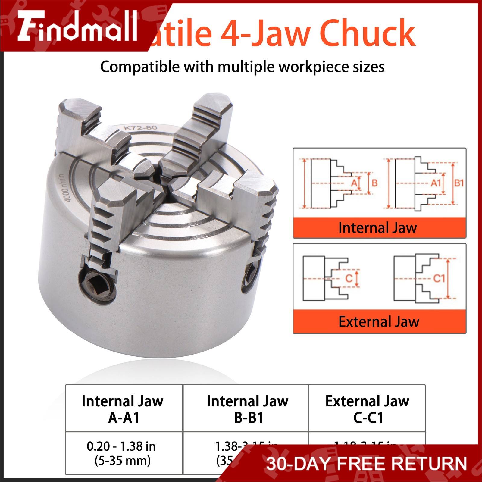 Findmall K72-80 4 Jaw Chuck 3″ 80mm Independent Metal Lathe Chuck