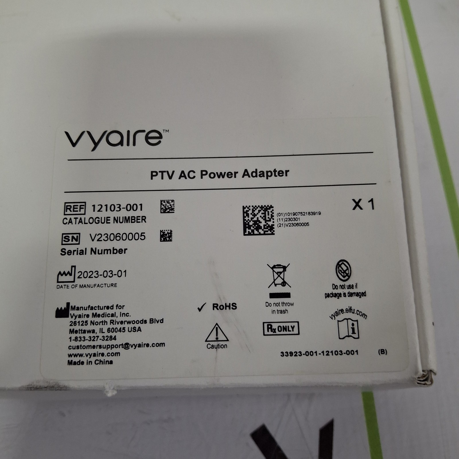 Vyaire Medical 12103-001 PTV AC Power Adapter