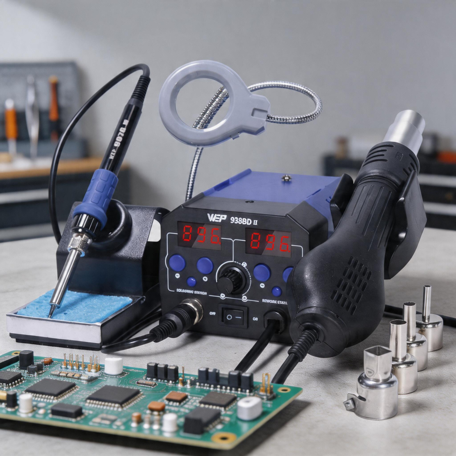 WEP 938BD-II 2in1 Soldering Station Hot Air Gun Heat Rework SMD Welding Tool
