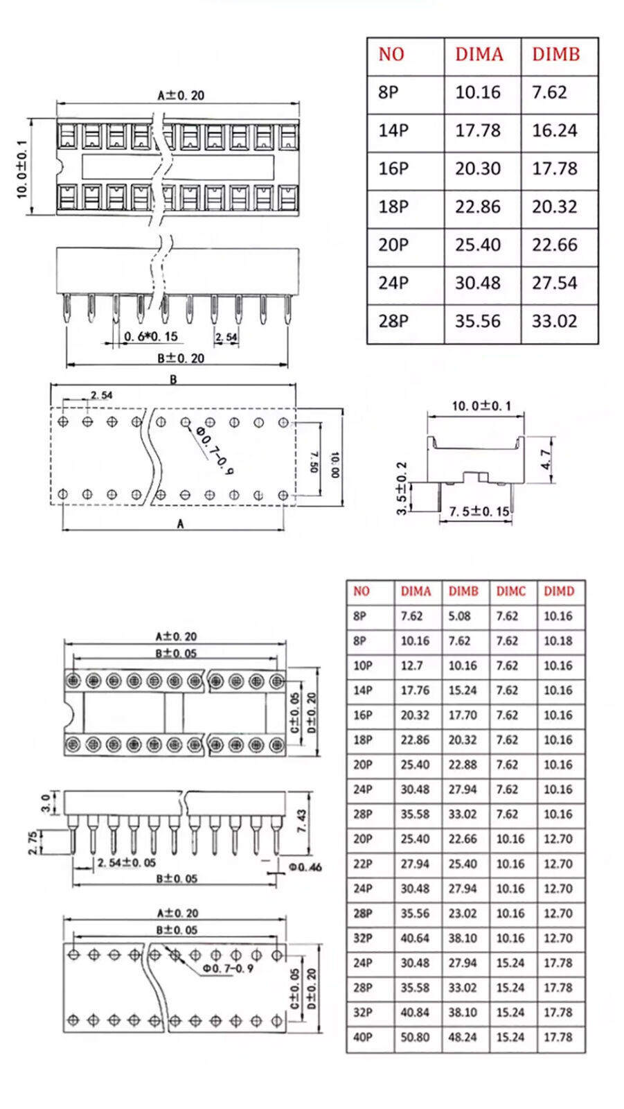DIP/DIL IC Sockets Chip Socket Round/Flat Pin DIL 6-8-14-16-18-20-24-28-32-40Pin