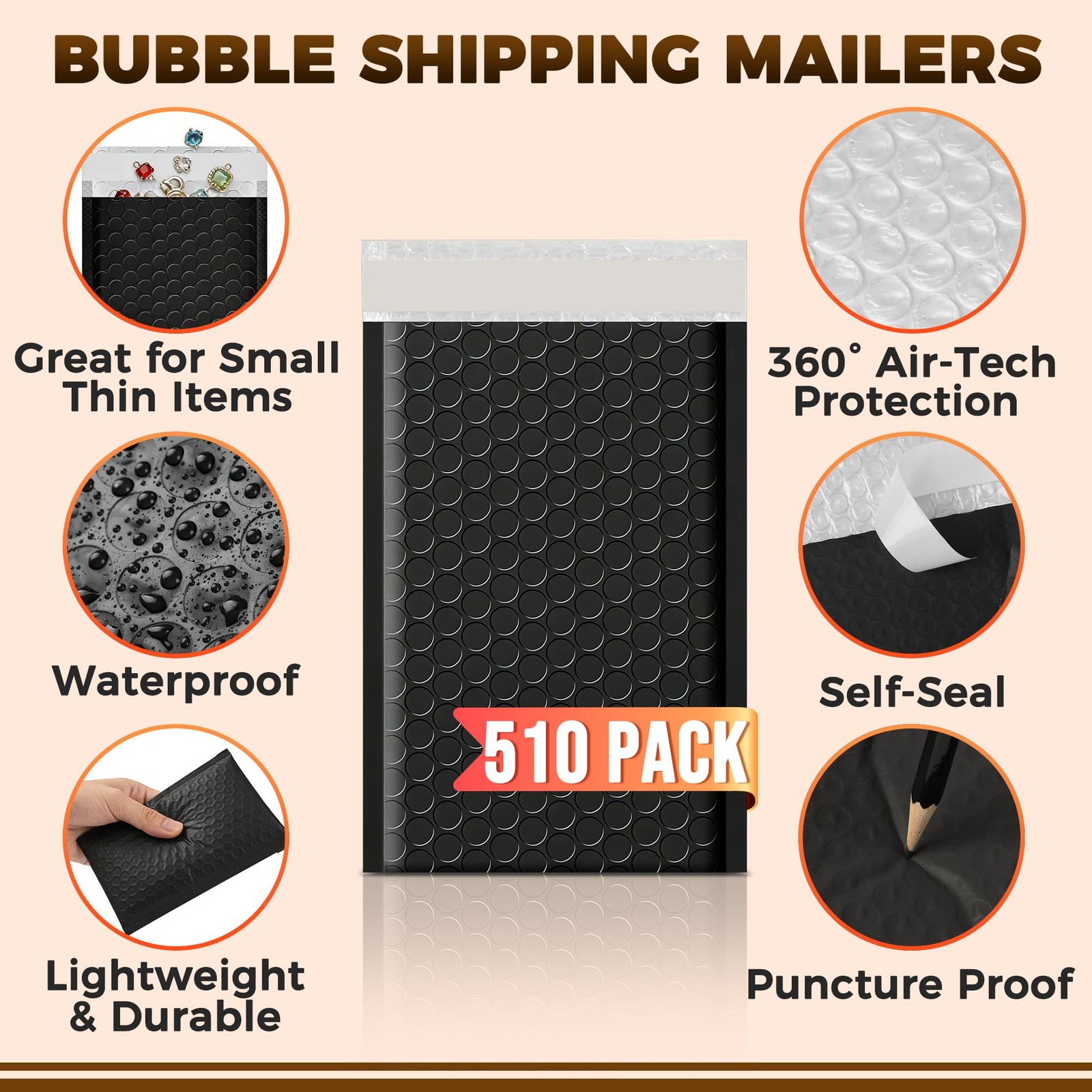 510-Pack Bubble Mailer 4” x 8” – Self-Sealing 4×8 inches, Black – 510 Pack