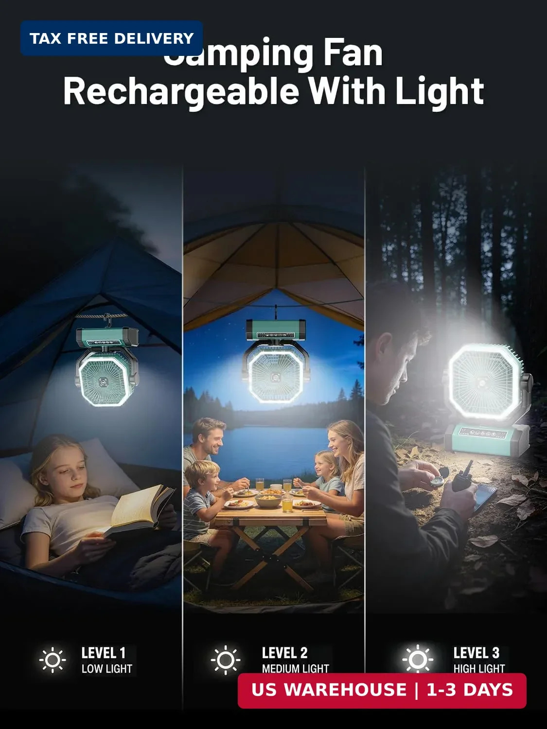 Portable Rechargeable Fan – 9-Inch Camping Fan for Tent, 24000mAh(60Hrs) Battery