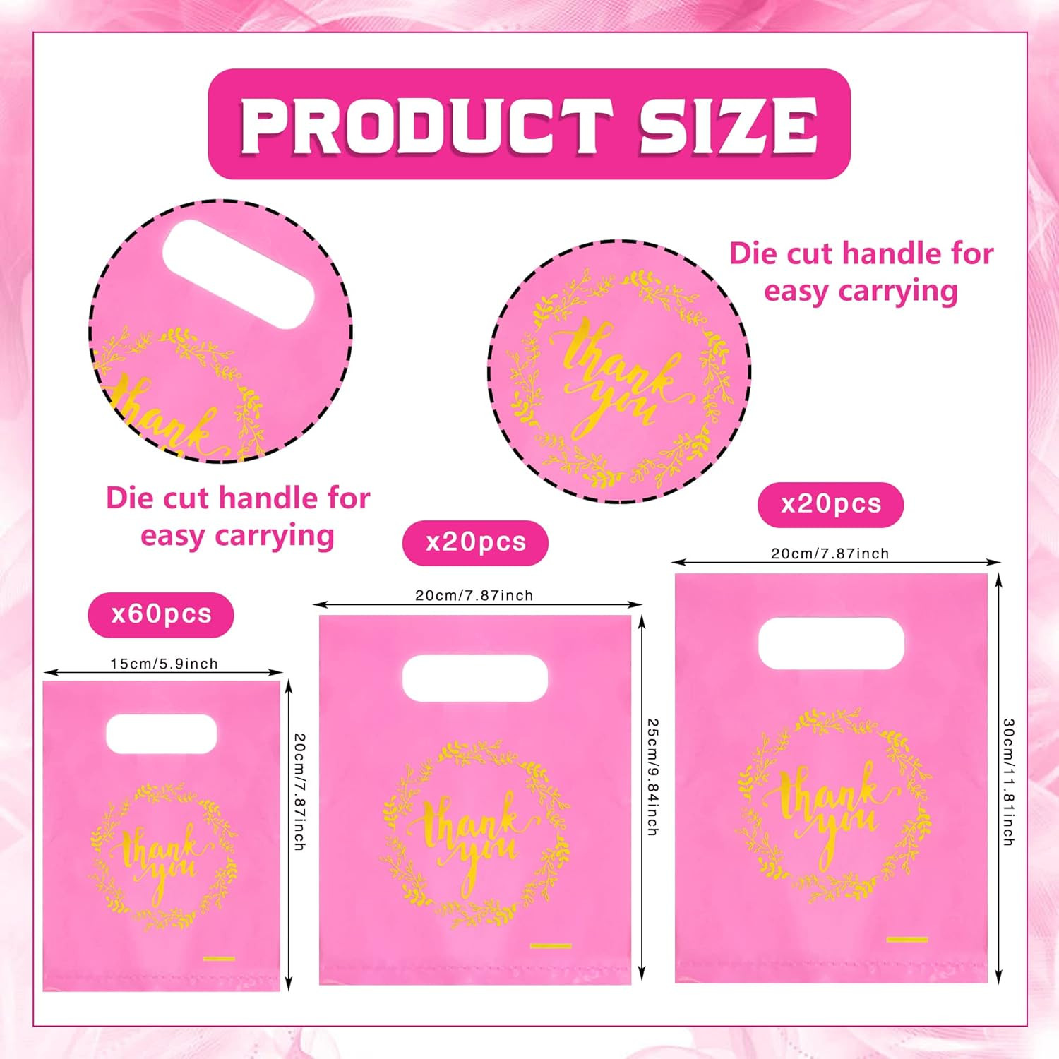 TOSPARTY 100 PCS 3 Sizes Thank You Plastic Merchandise Bags Shopping Bag with Ha