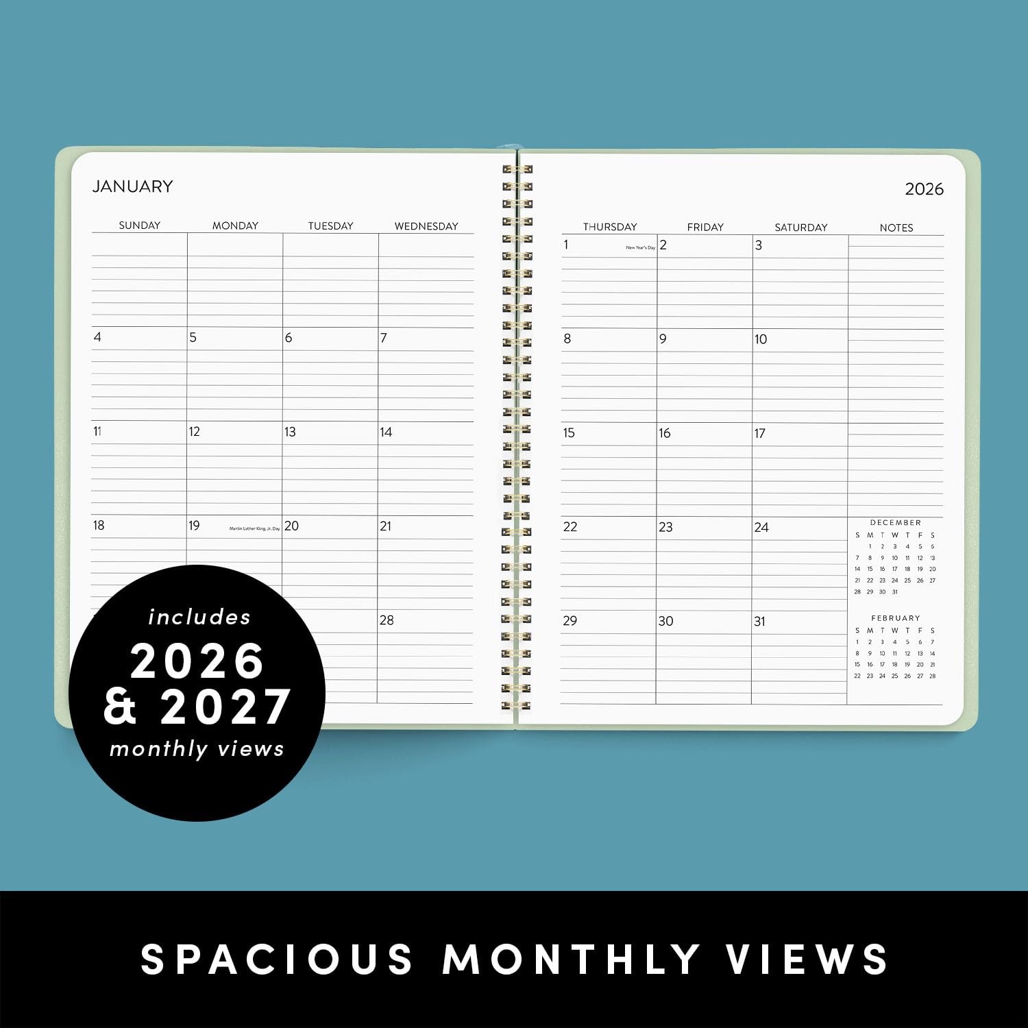 PAPERAGE 2 Year Monthly & Yearly Planner, 8.63 inches x 11 inches, Sage Green