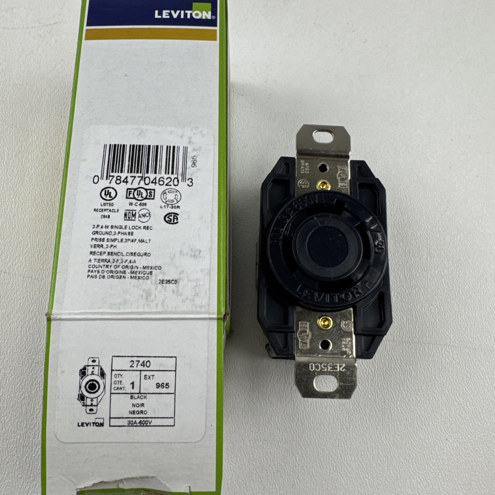 Leviton 2740 Receptacle Locking Blade L17-30R 30A 600V 3-Phase 3P4W Grounding