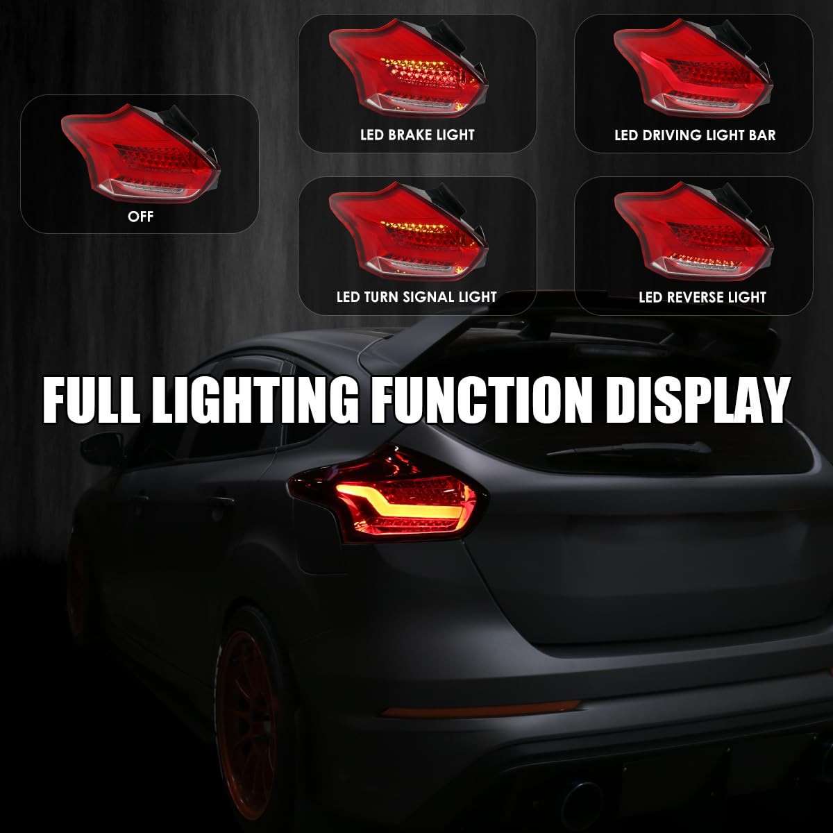 Red LED Bar Tail Lights 2015-2018 for Ford Focus SE ST RS Hatchback Pair