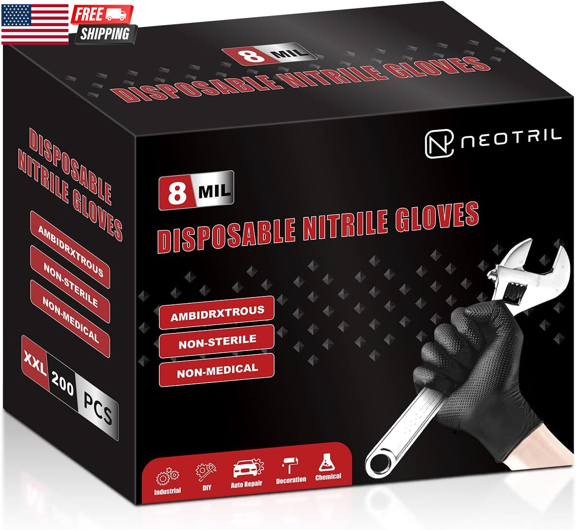 8 Mil Heavy Duty Disposable Nitrile Gloves with Diamond Texture Grip Rubber Glov