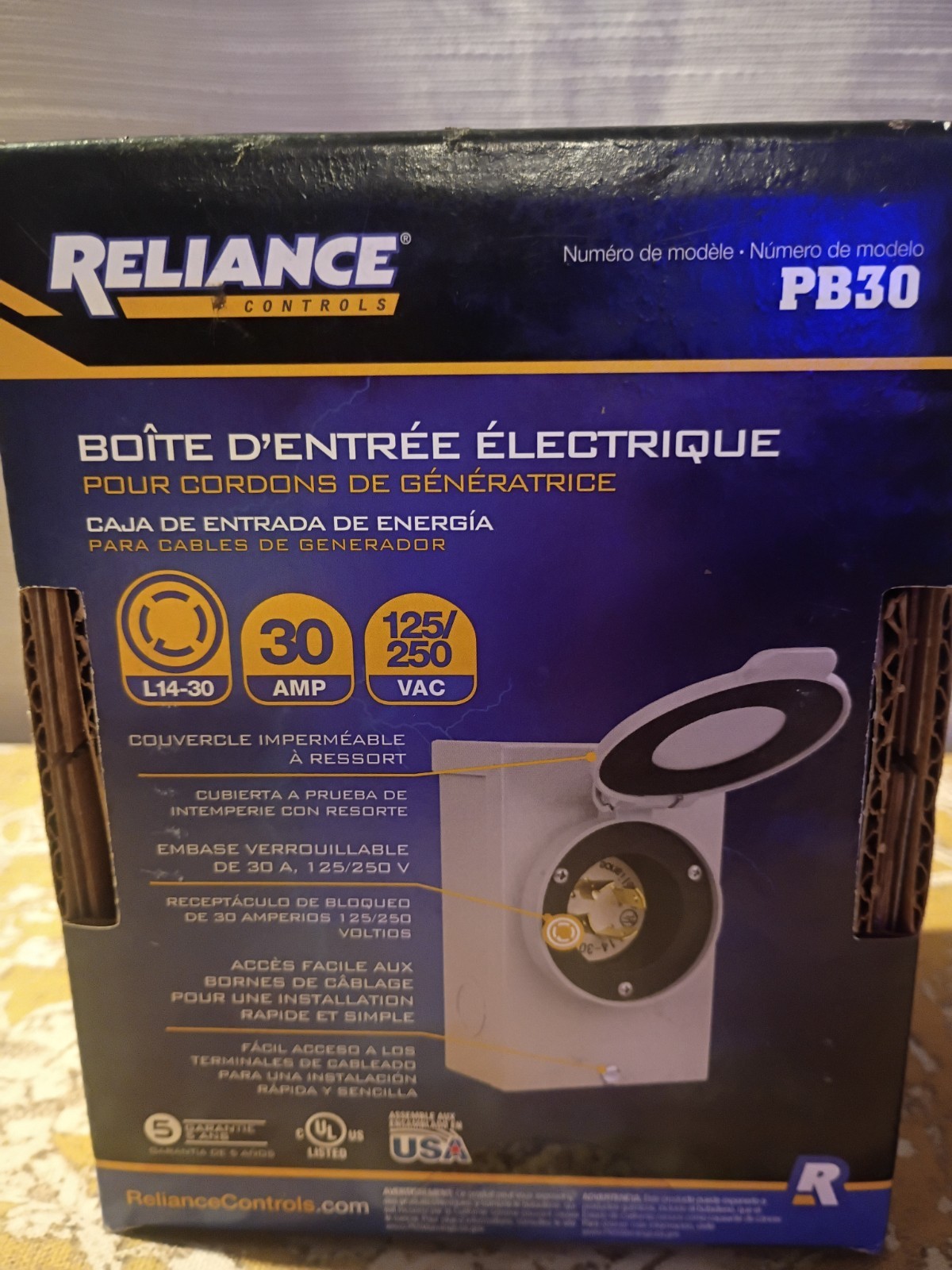 RELIANCE CONTROLS Power Inlet Box For Generator Cord Connection L14-30 Grey PB30