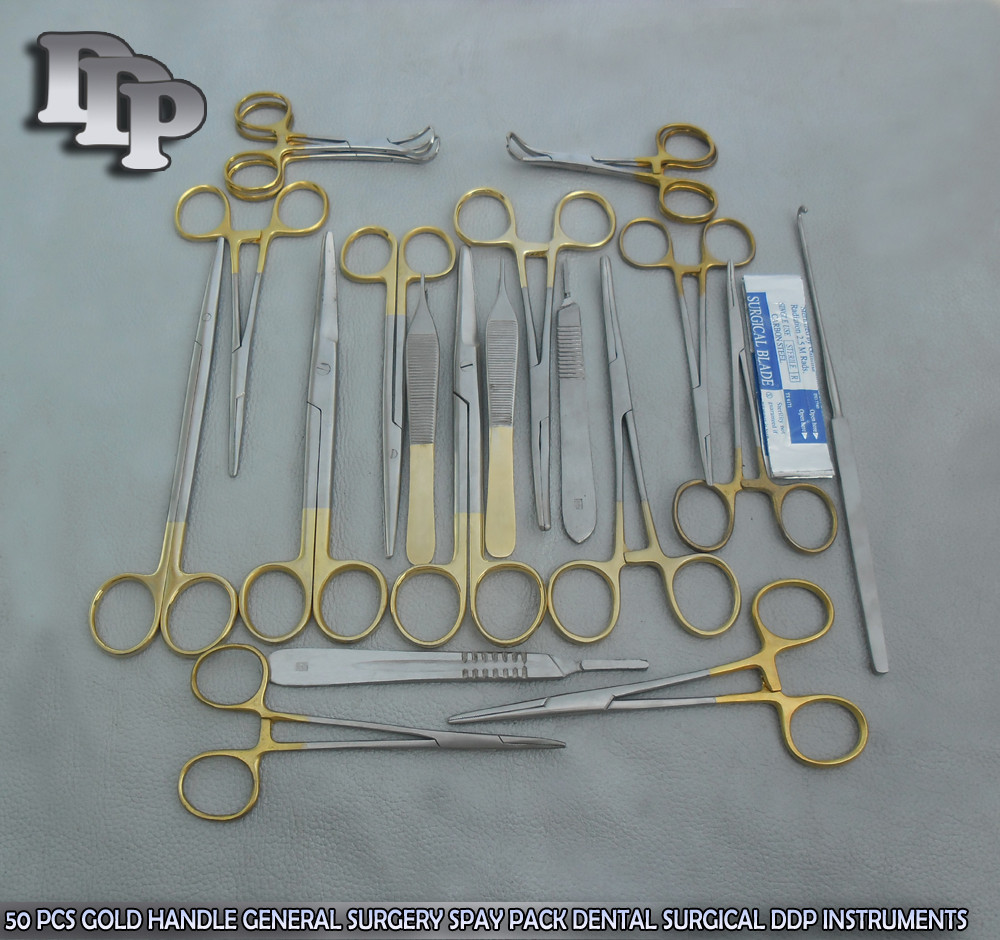50 PCS GOLD HANDLE GENERAL SURGERY SPAY PACK DENTAL SURGICAL INSTRUMENTS