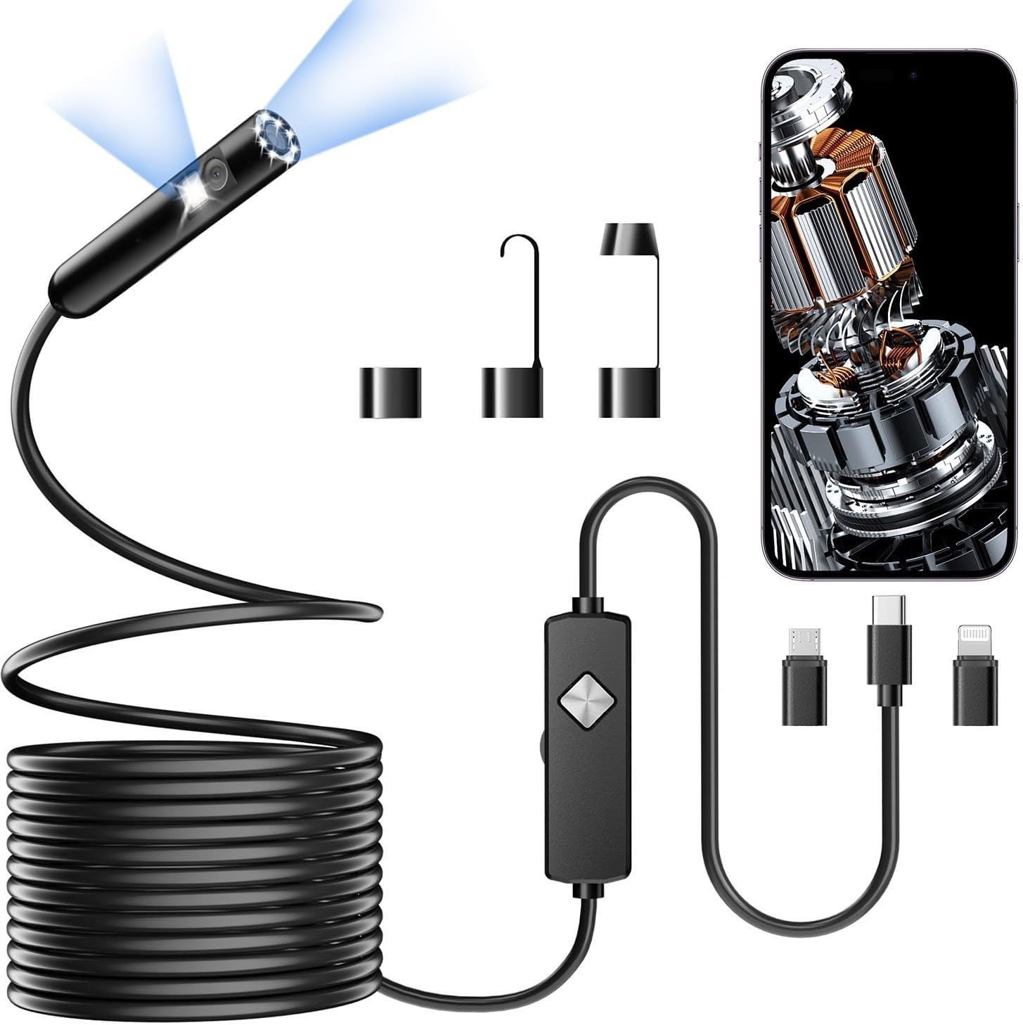 Endoscope with Light, 1920P HD Borescope with 8 Adjustable LED Lights, Semi-Rigi