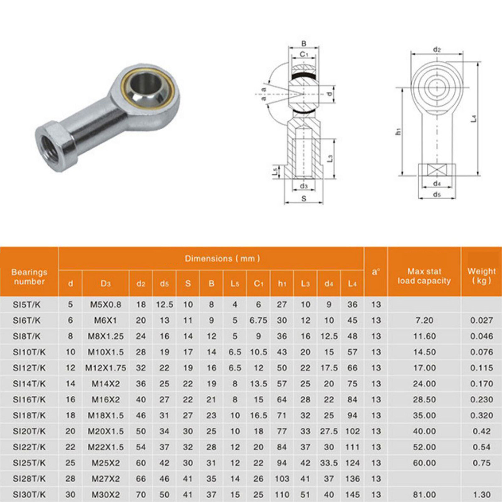 Female Rod End Bearing Rose Joint M3 M4 M5 M6 M8 M10-M30 Right/Left Hand Thread