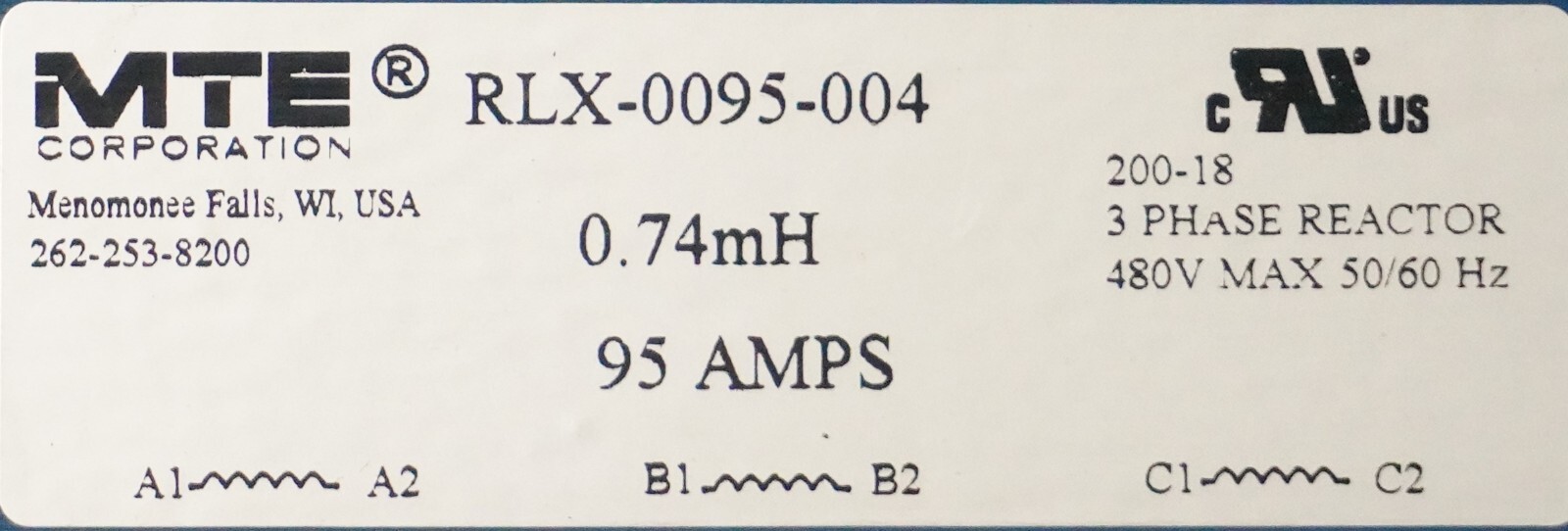 MTE Corp. 3 PHASE REACTOR RLX-0095-004 3PH 600V MAX 50/60 Hz 95A