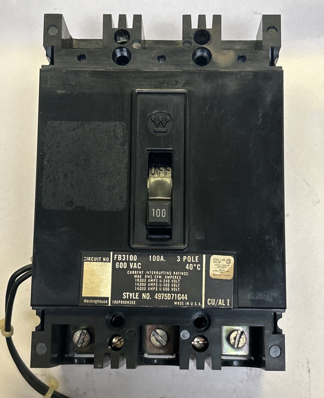 WESTINGHOUSE,FB3100,CIRCUIT BREAKER 100A 600V 3P