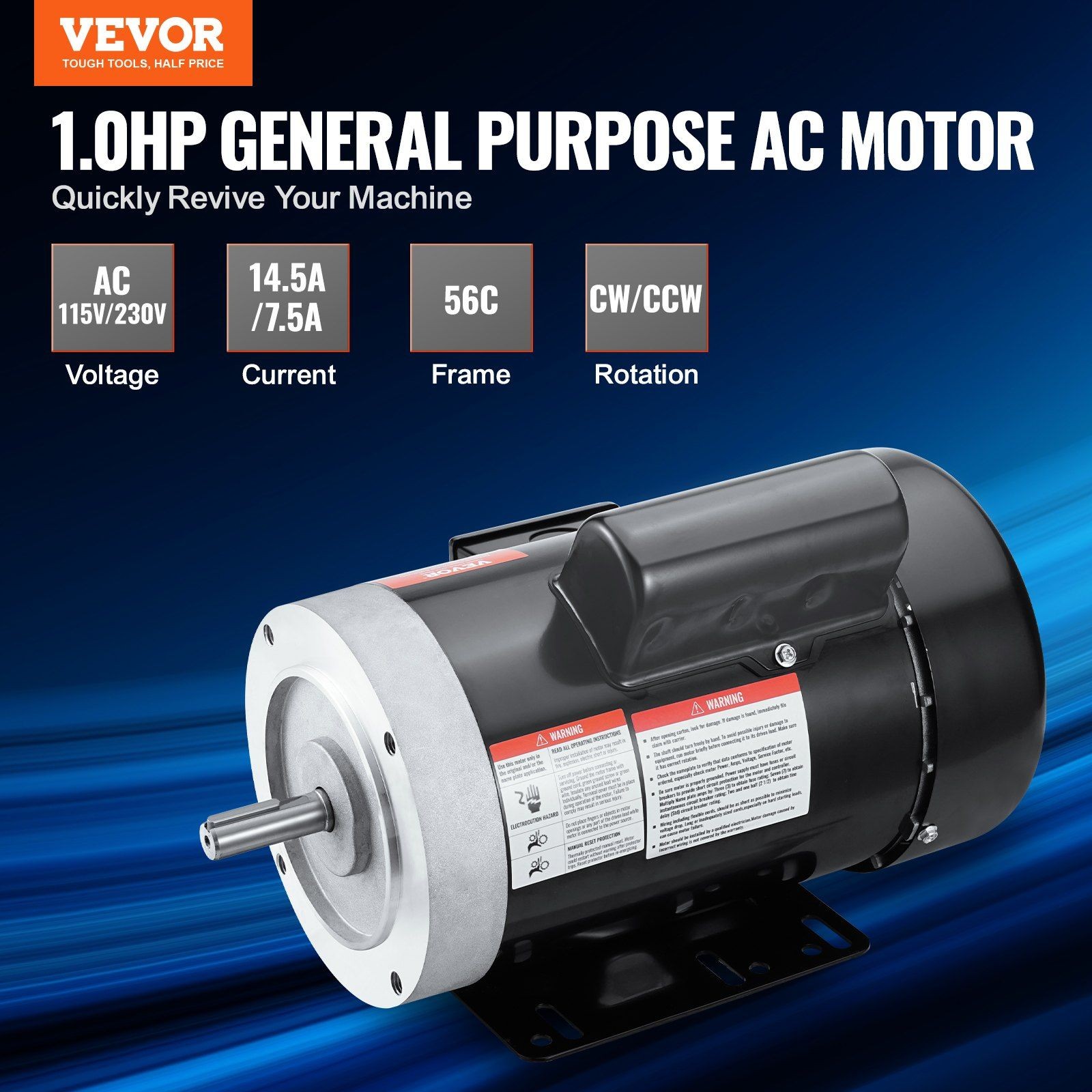 1HP 1725RPM AC 115V/230V 60Hz Electric Motor 56C Frame 5/8″ Keyed Shaft CW/CCW