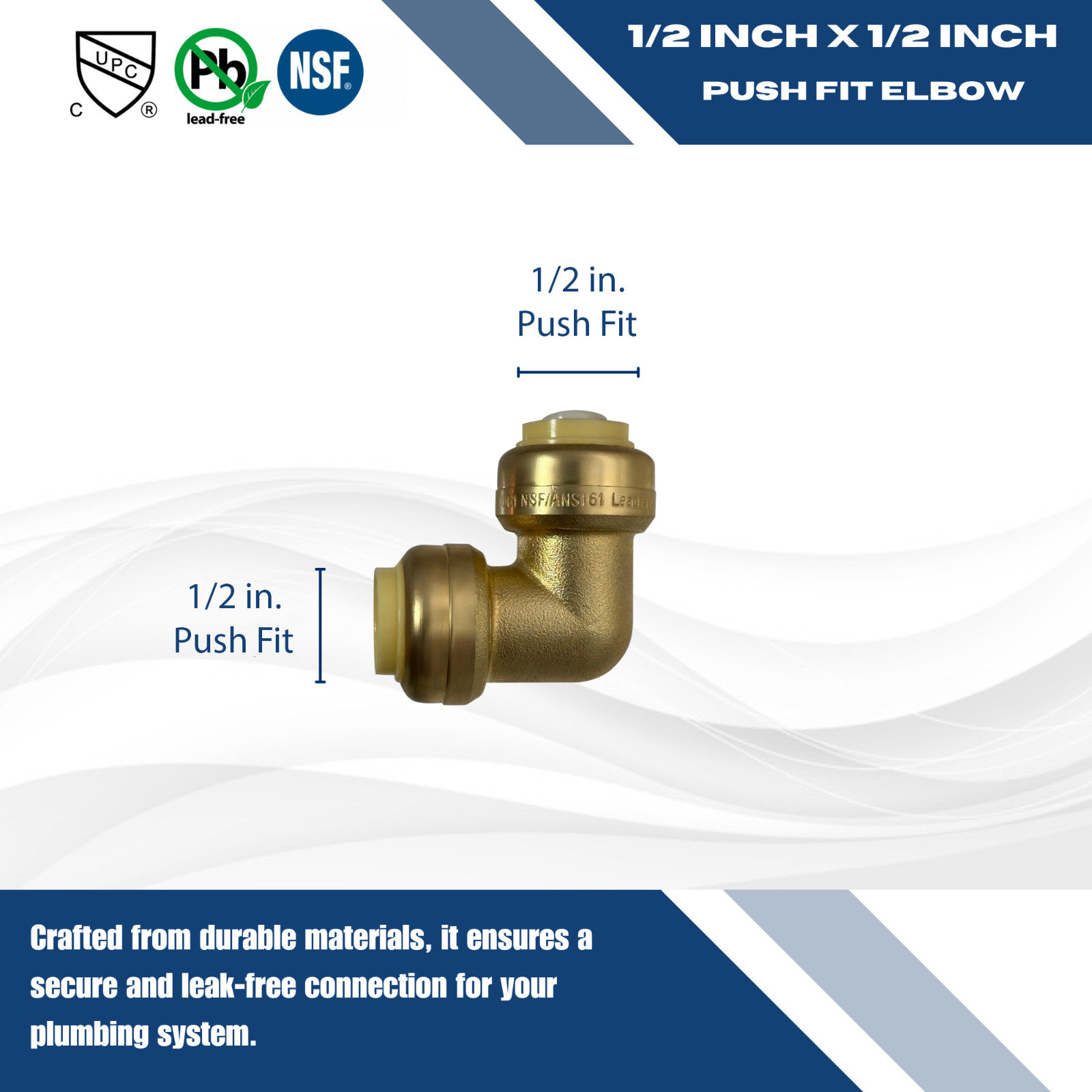 10 PIECES 1/2″ X 1/2″ PUSH FIT ELBOW FITTINGS – LEAD FREE BRASS, FULL PORT, NSF