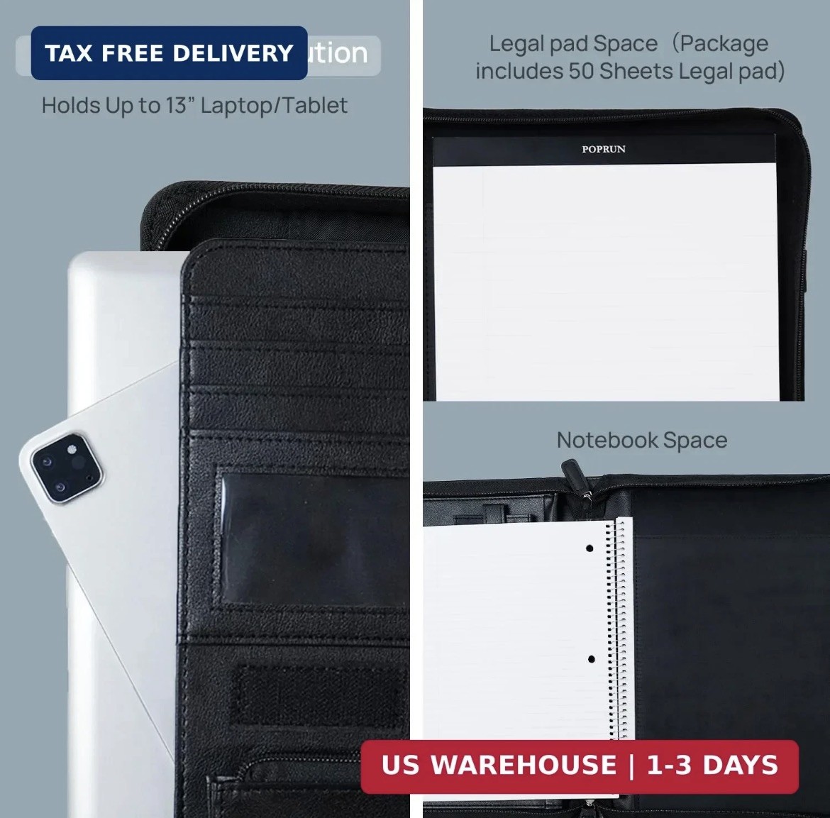 POPRUN Portfolio Binder with Zipper, Leather Padfolio Document Organizer with St
