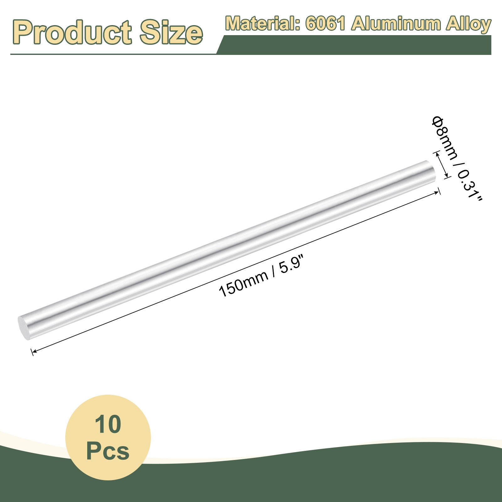 10Pcs 0.31″(8mm) Dia Round Aluminum Rods, 5.9″ Long 6061 Aluminum Round Rods