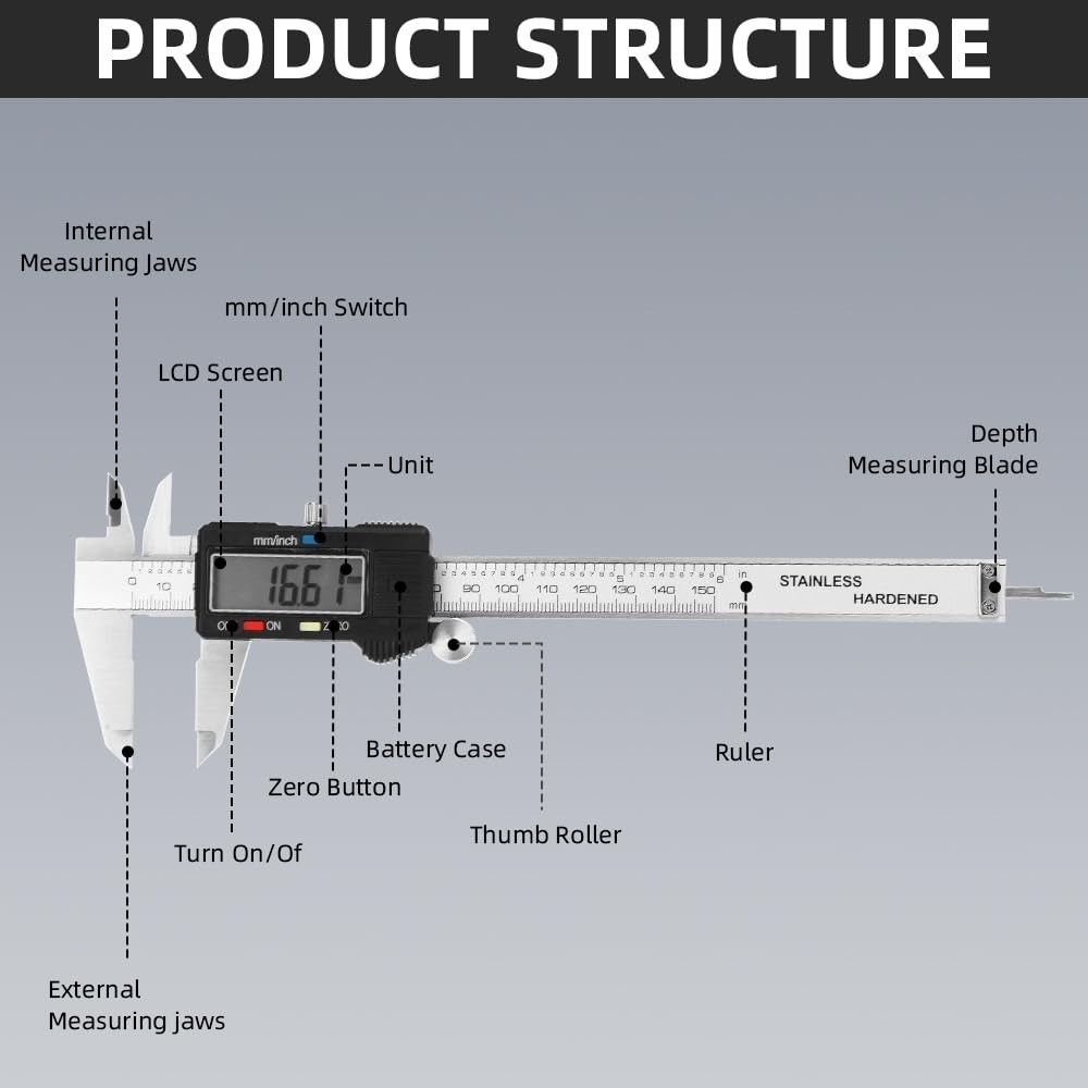 Digital Vernier Caliper Stainless Steel LCD Inch MM Measuring Tool (150mm/6inch)