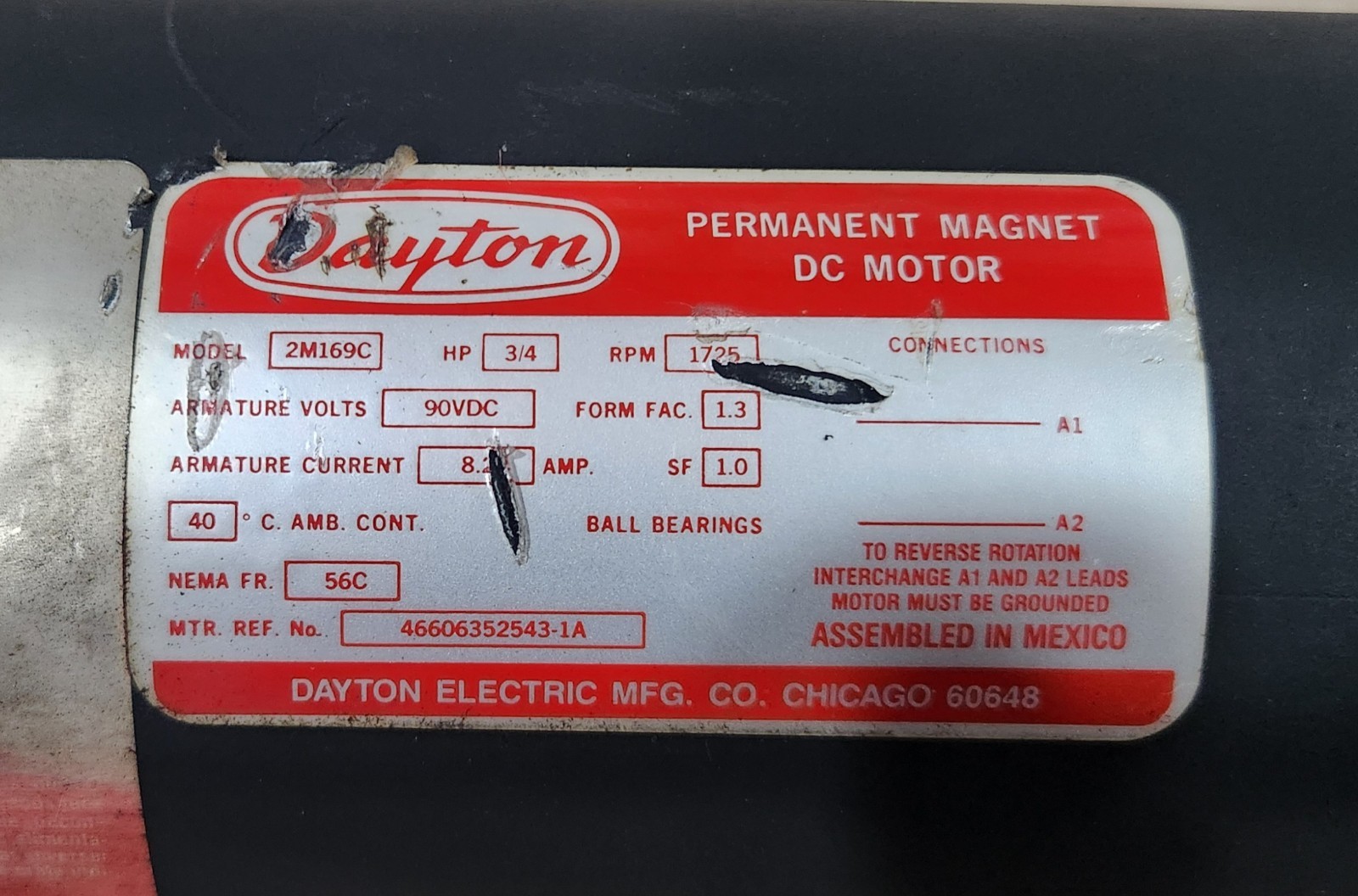 Dayton 2M169C Permanent Magnet DC Motor 3/4 HP 1725 RPM 90VDC NEMA 56C Frame