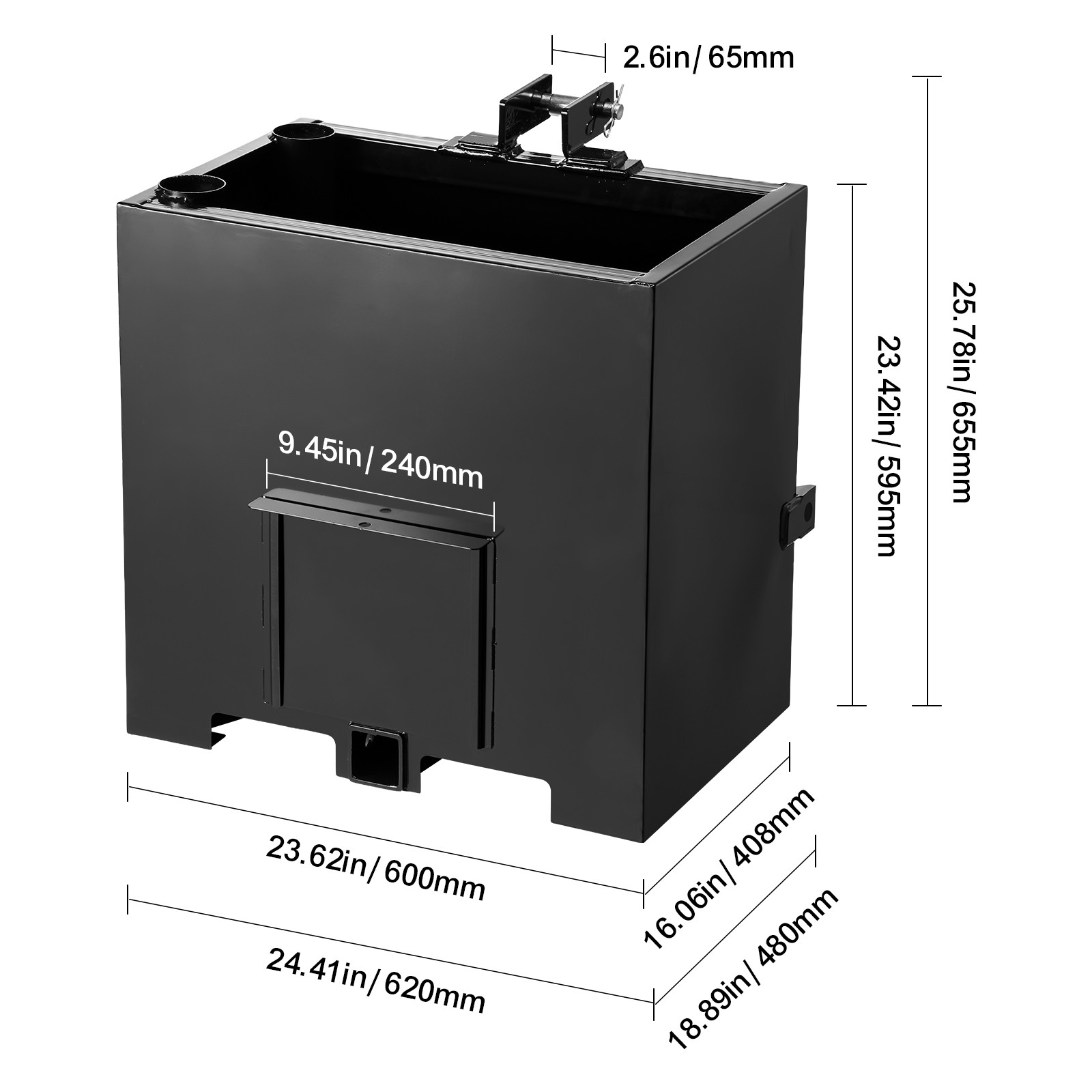 Ballast Box 3 Point Category 1 Tractor 5ft³ Capacity 800lb Black Quick Hitch