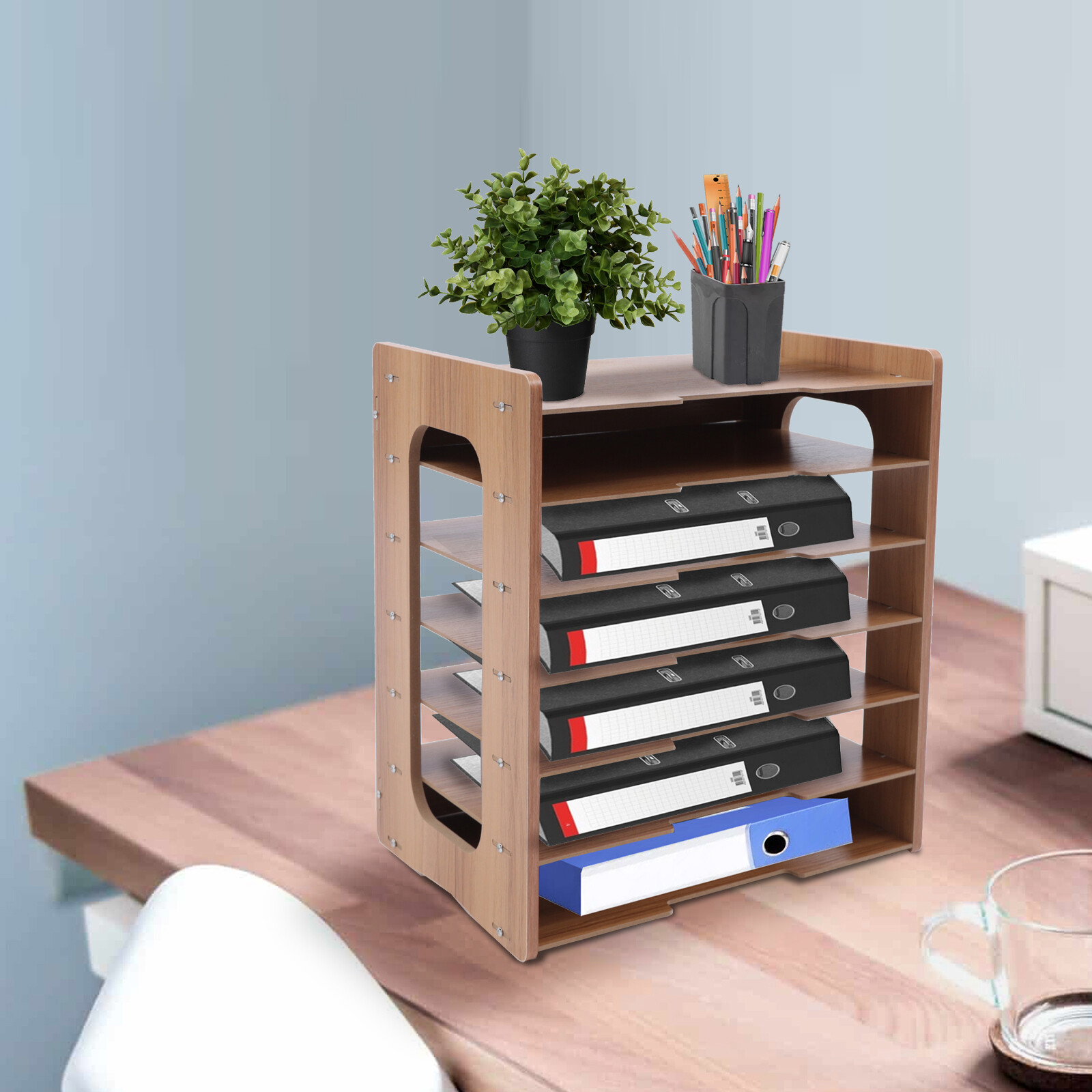 7 Tier Wood Desktop Paper Organizer File Document Storage Shelf for Home Office
