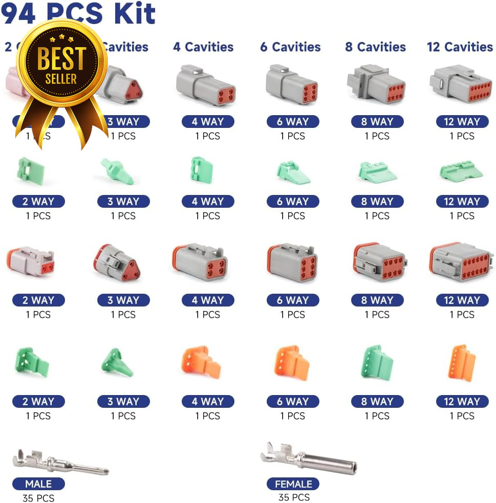 94Pcs Deutsch DT Connector Kit 2 3 4 6 8 12 Pin Waterproof Crimping Tool Set