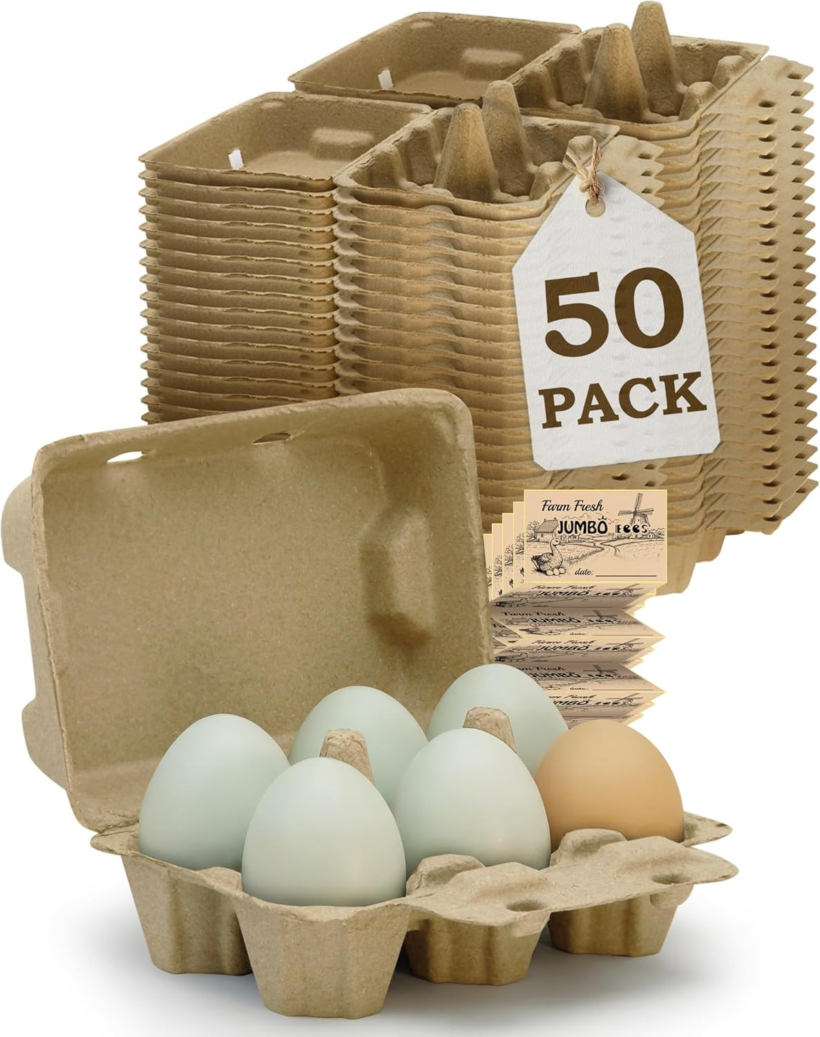 Duck Egg Cartons 50 Pack – Holds 6 Eggs Each, Thick Recycled Pulp with Pillar Su