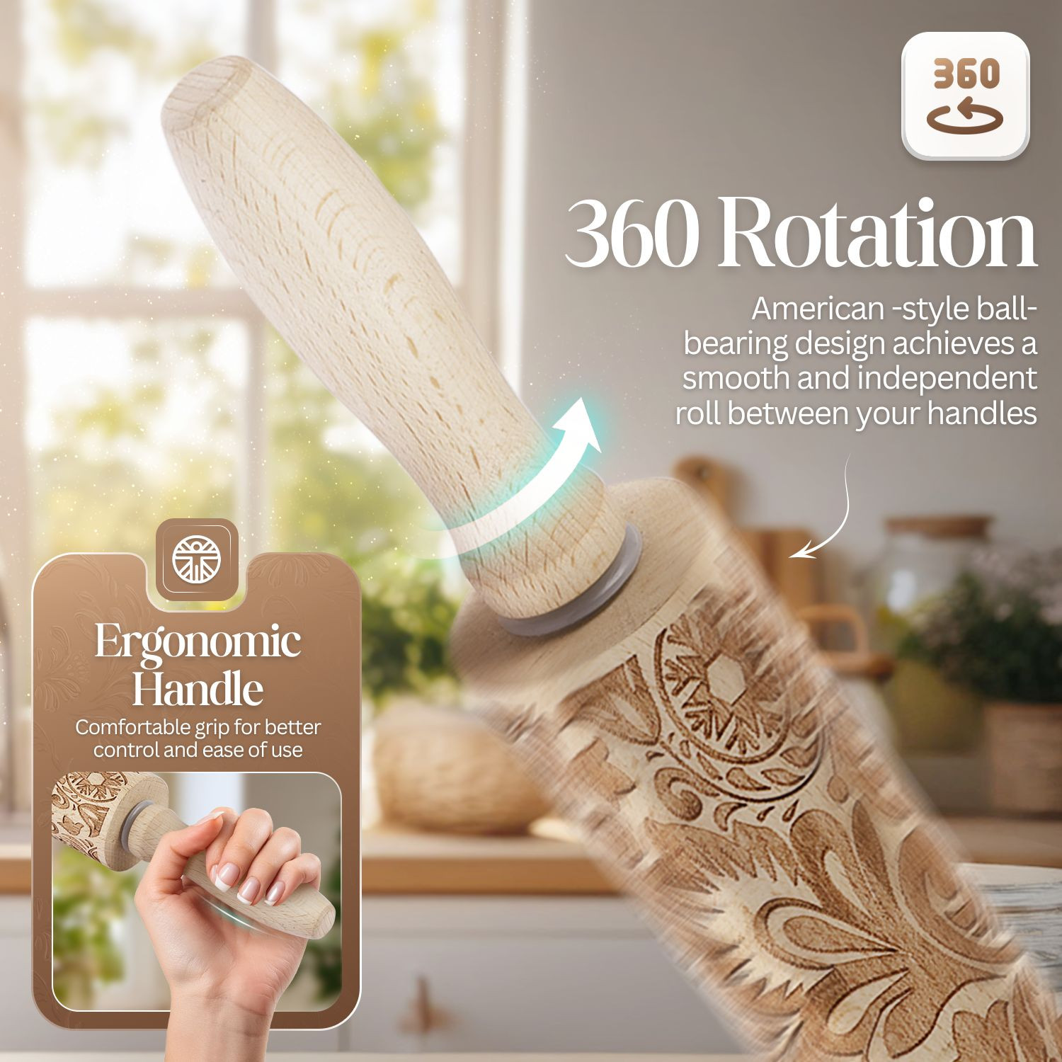 Embossed Rolling Pins With Patterns for Baking, 7.7-inch Engraved Wooden Rolling