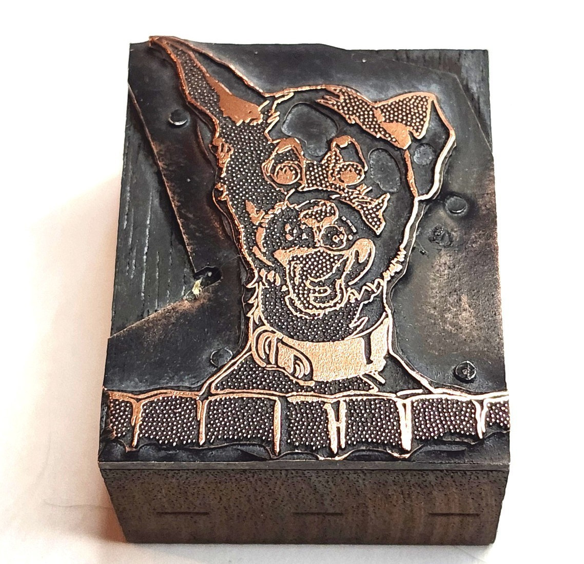 Dog Peaking Over Fence Letterpress Printing Block Copper 1.75″ x 1.5″