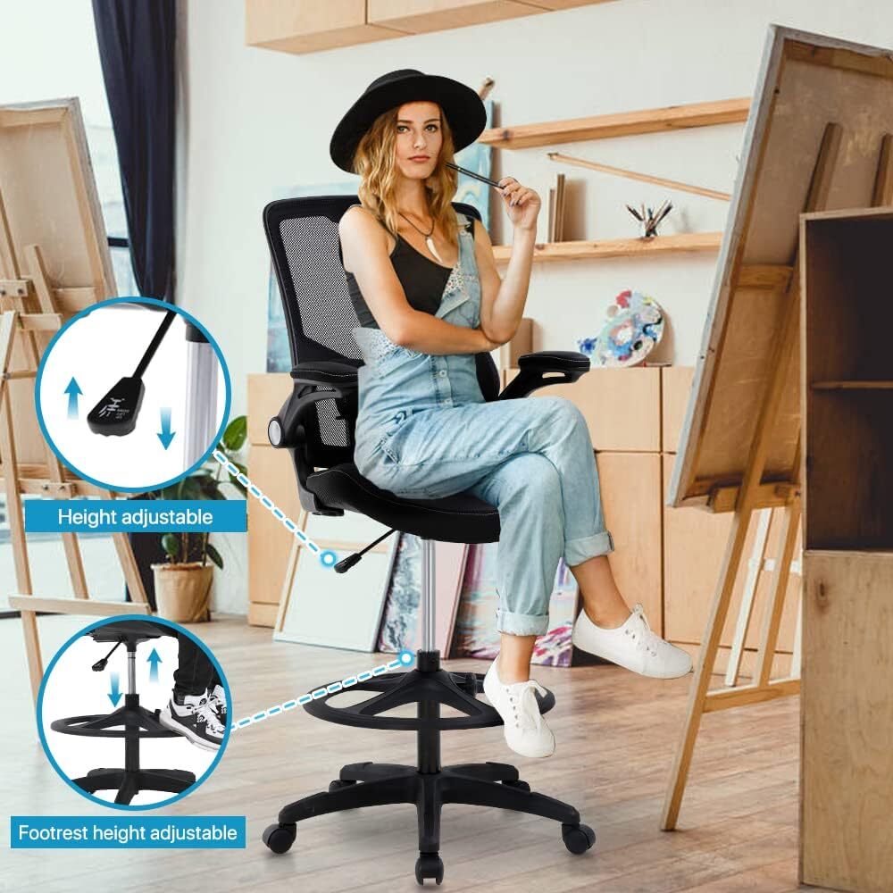 Drafting Chair Tall Office Chair Ergonomic Desh Chair with Lumbar Support Black