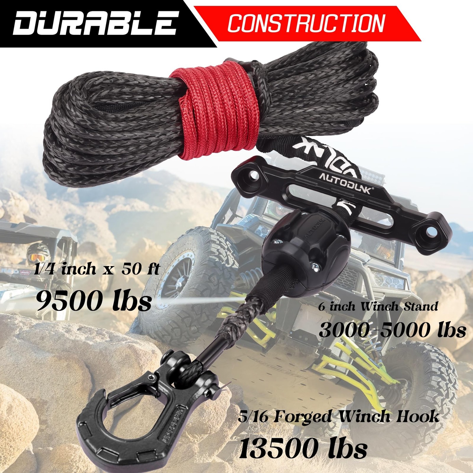 Synthetic Winch Rope-3/16 x 50ft 8,450LBS Winch Line with 4-7/8″ Fairlead, Fo…