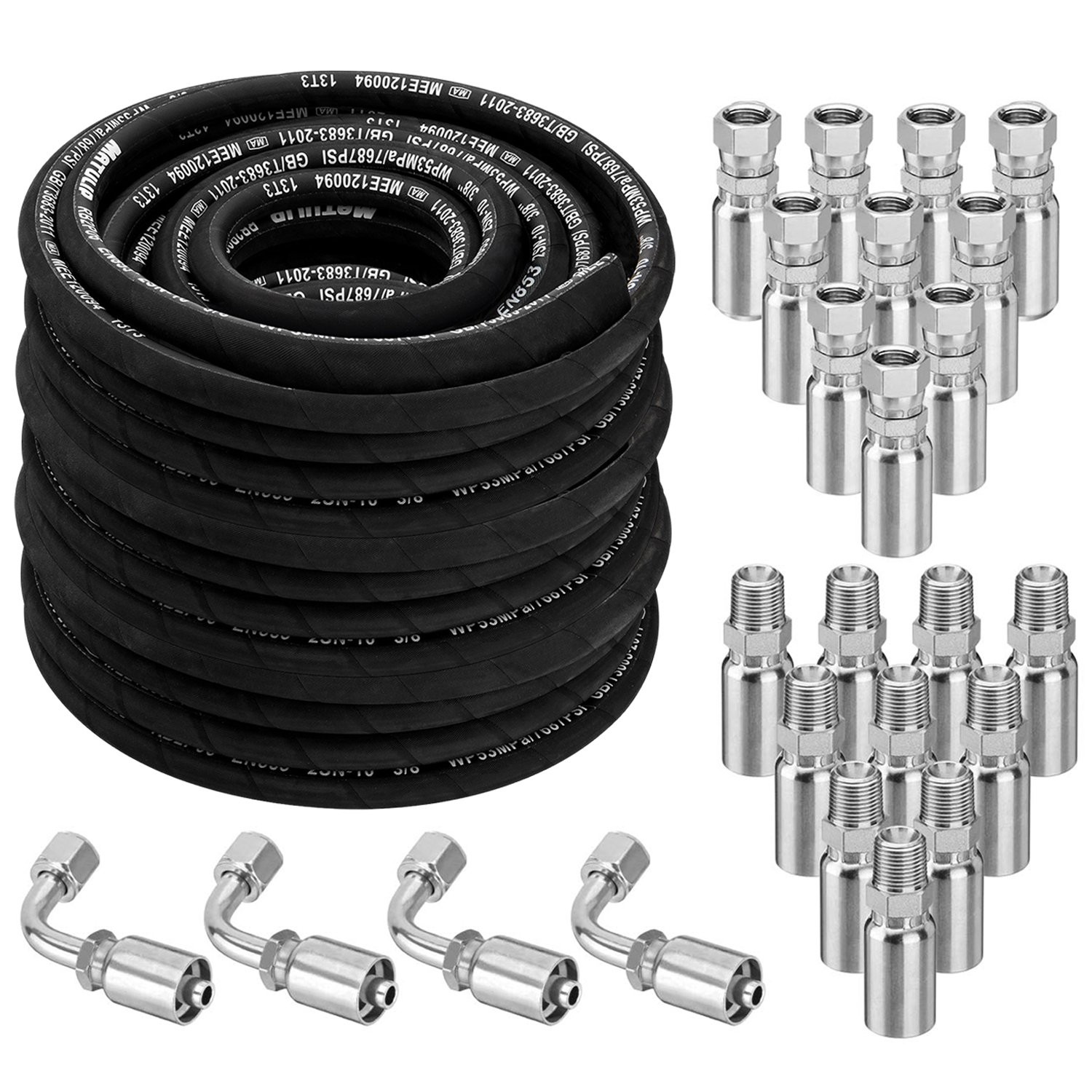 50FT 3/8″ Hydraulic Hose with 16PCS Hydraulic Hose Fittings, 2-Wire Braided Tube