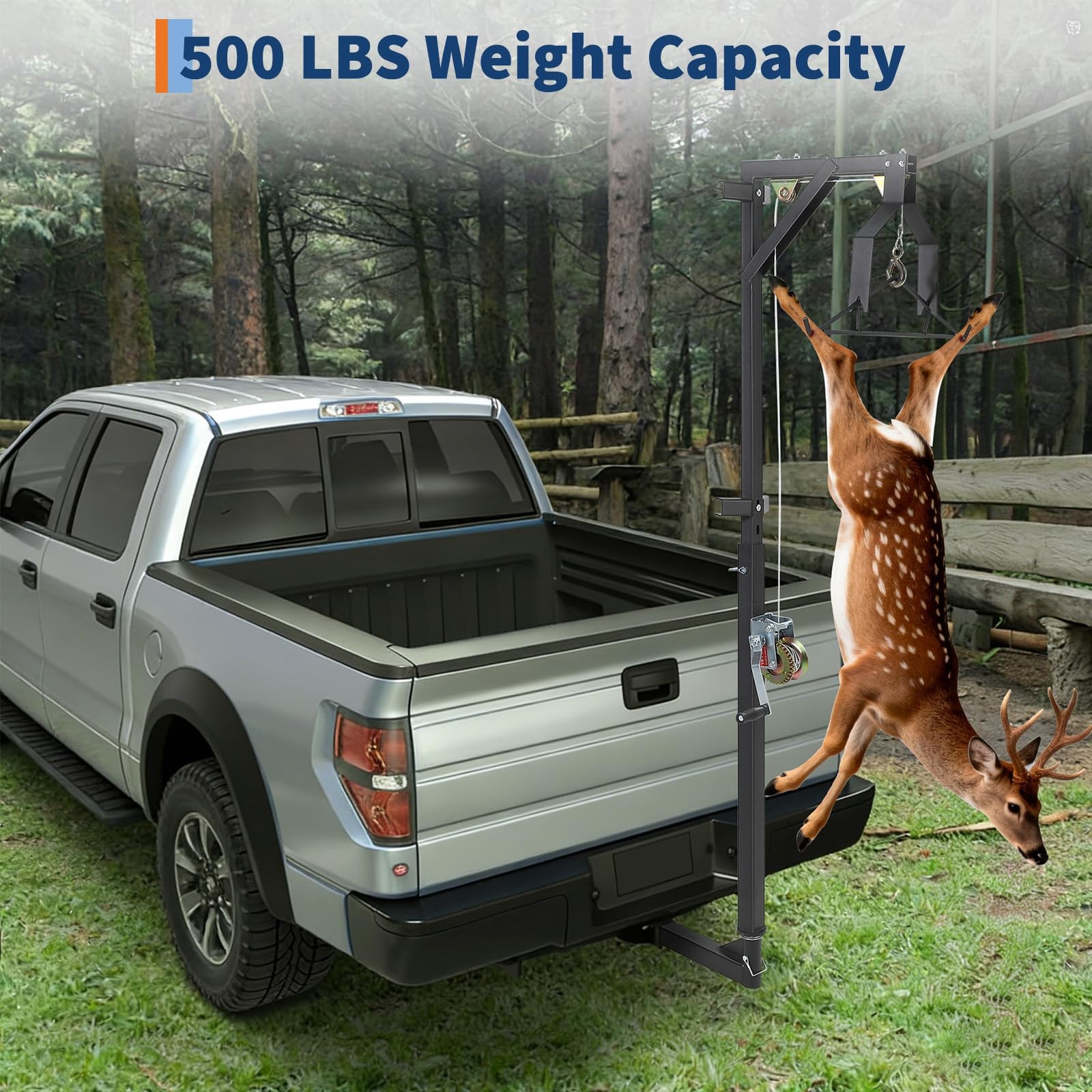 500LBS Hitch Mount Deer Hoist with Winch Gambrel & 360° Swivel Lifting Platform