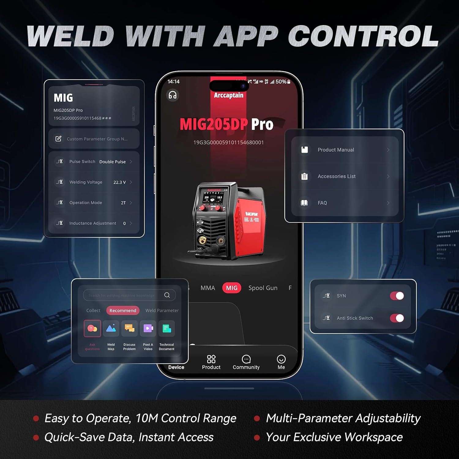 ARCCAPTAIN MIG205DP Pro 8-in-1 MIG Welder Dual/Single Pulse MIG/TIG/MMA/Spot APP