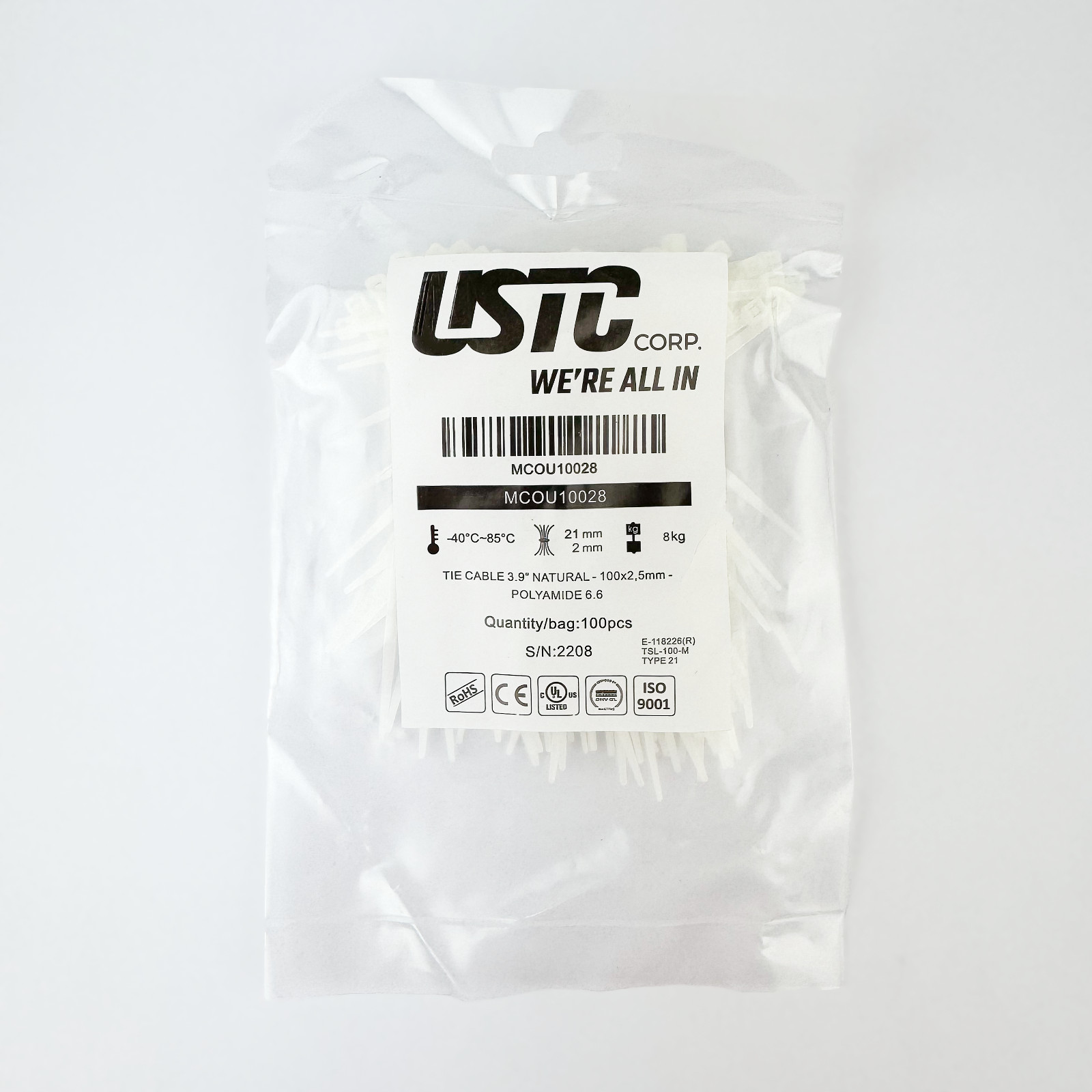Cable Ties 100×2.5mm Natural PA66 100pcs 3.9in USTC MCOU10028