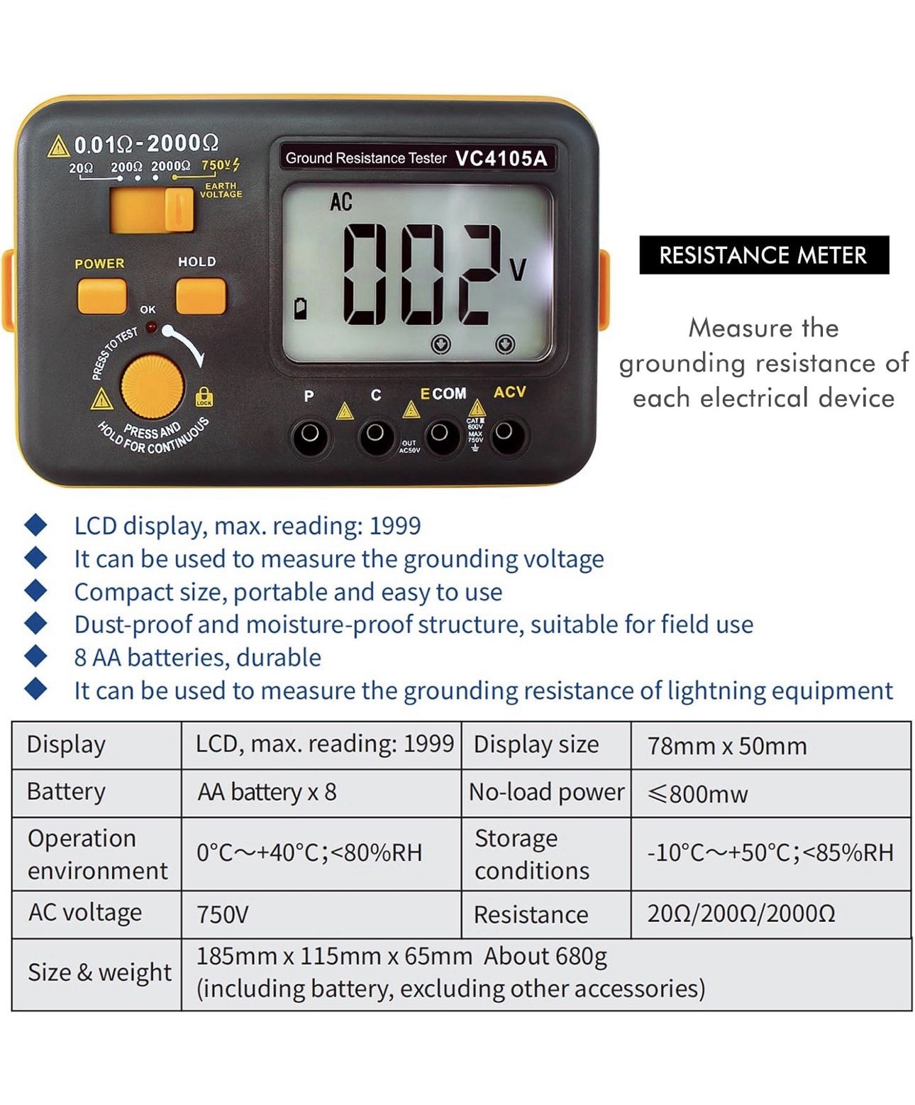 VC4105A Ground Resistance Tester 0.01-2000Ω 750V NCV Hold