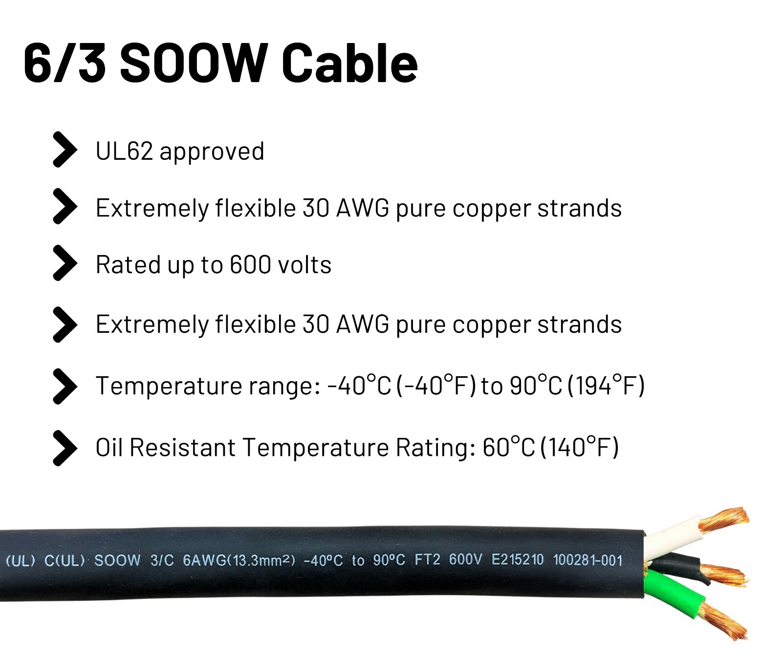 WindyNation 6/3 6 AWG SOOW SO Cable Cord Wire – 6 Gauge 3 Conductor 600V